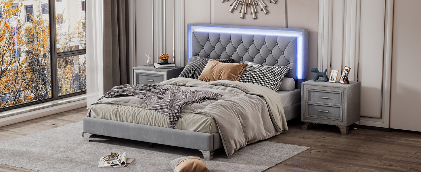 Tiffani 3 Piece Bedroom Set, Queen Size Velvet Upholstered Platform Bed with LED Lights and Two Nightstands