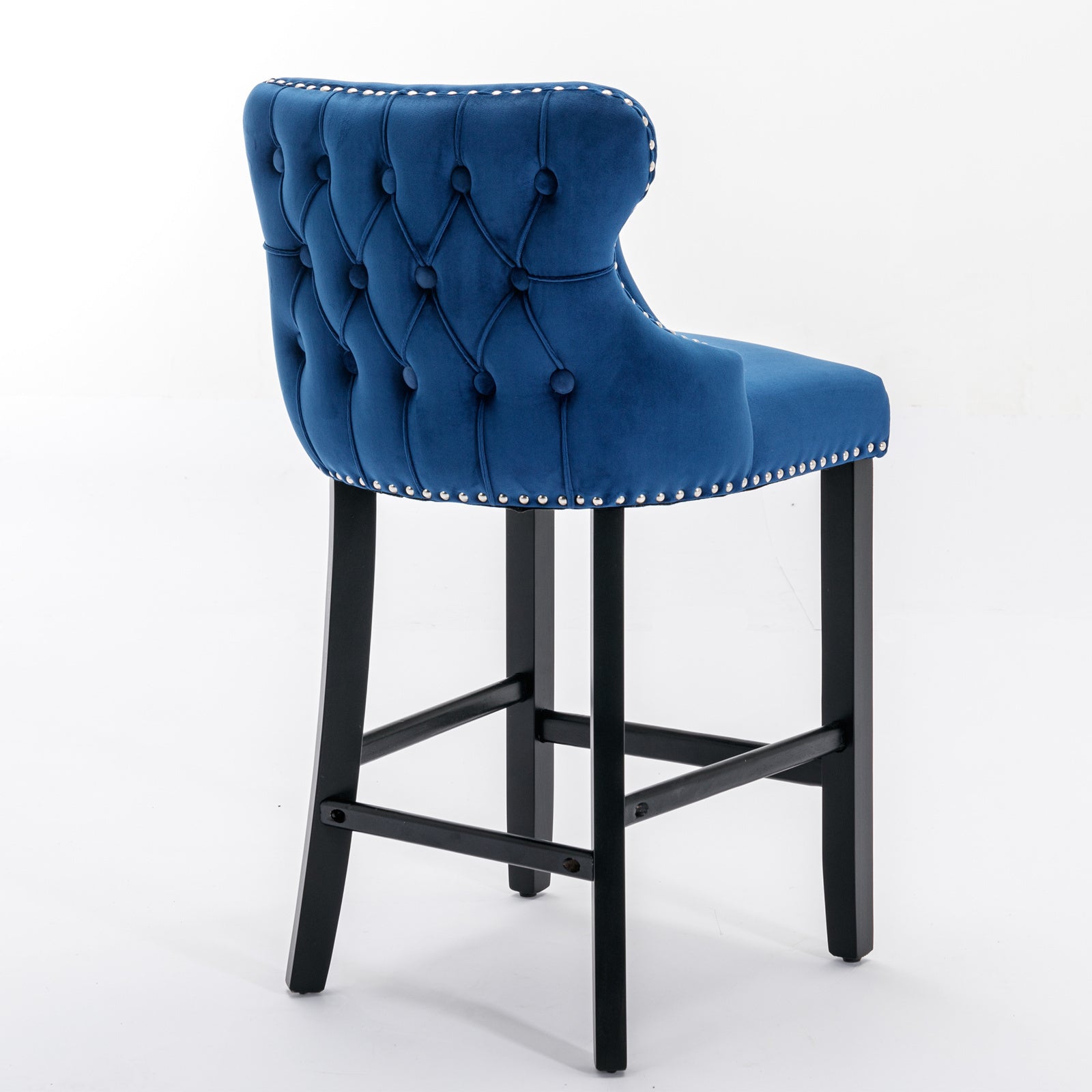 Set of 2 Blue Velvet Counter Stools With Tufted Back and Nailhead Trim