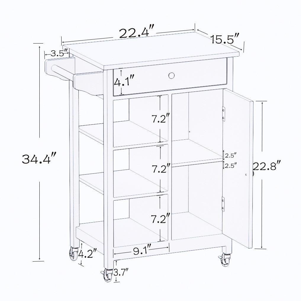 Small Space Kitchen Rolling Cart with Towel Rack and Solid Wood Top