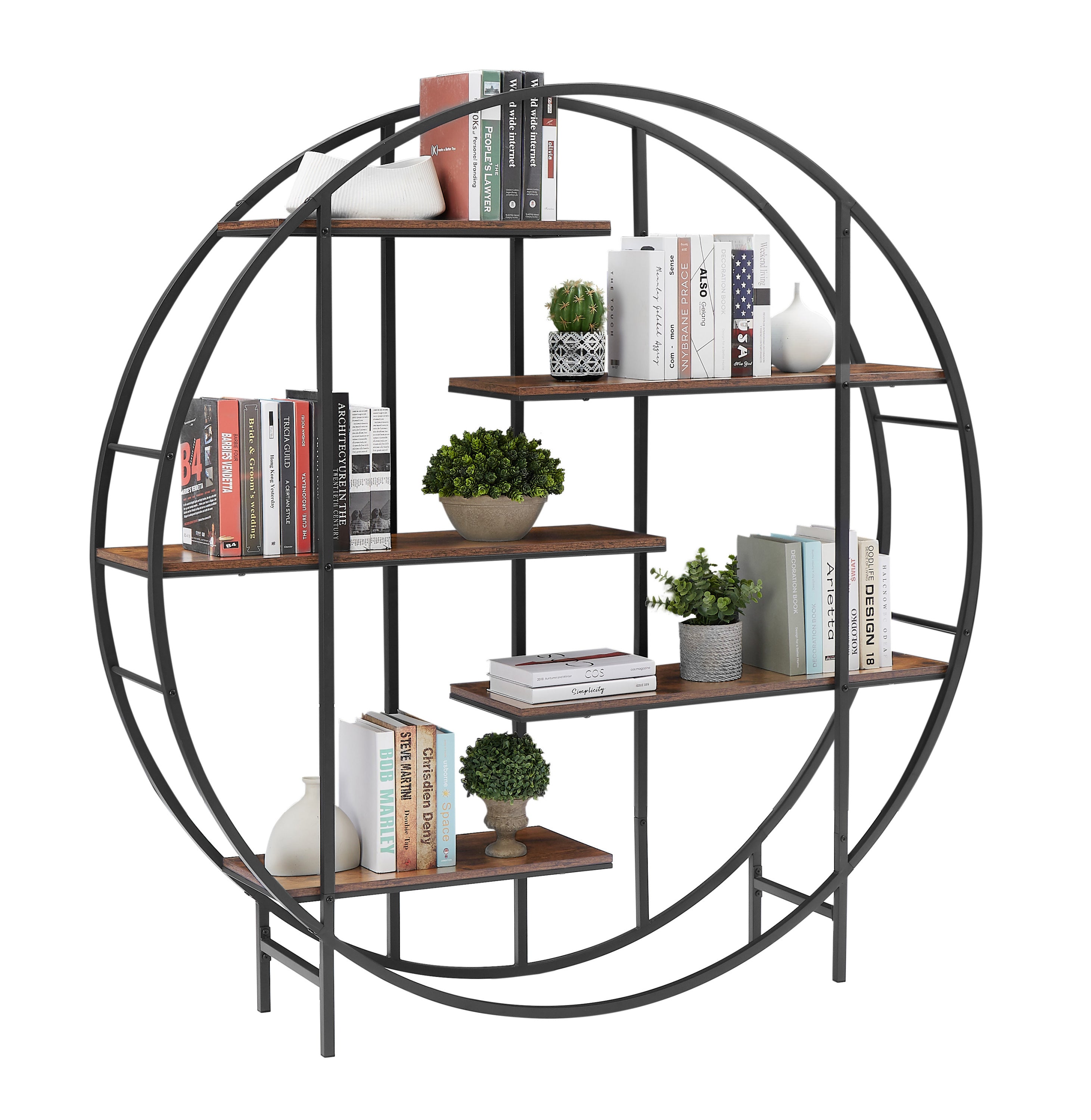 67" Diameter Rustic Brown Round Storage Bookcase Display Stand Black Metal Frame