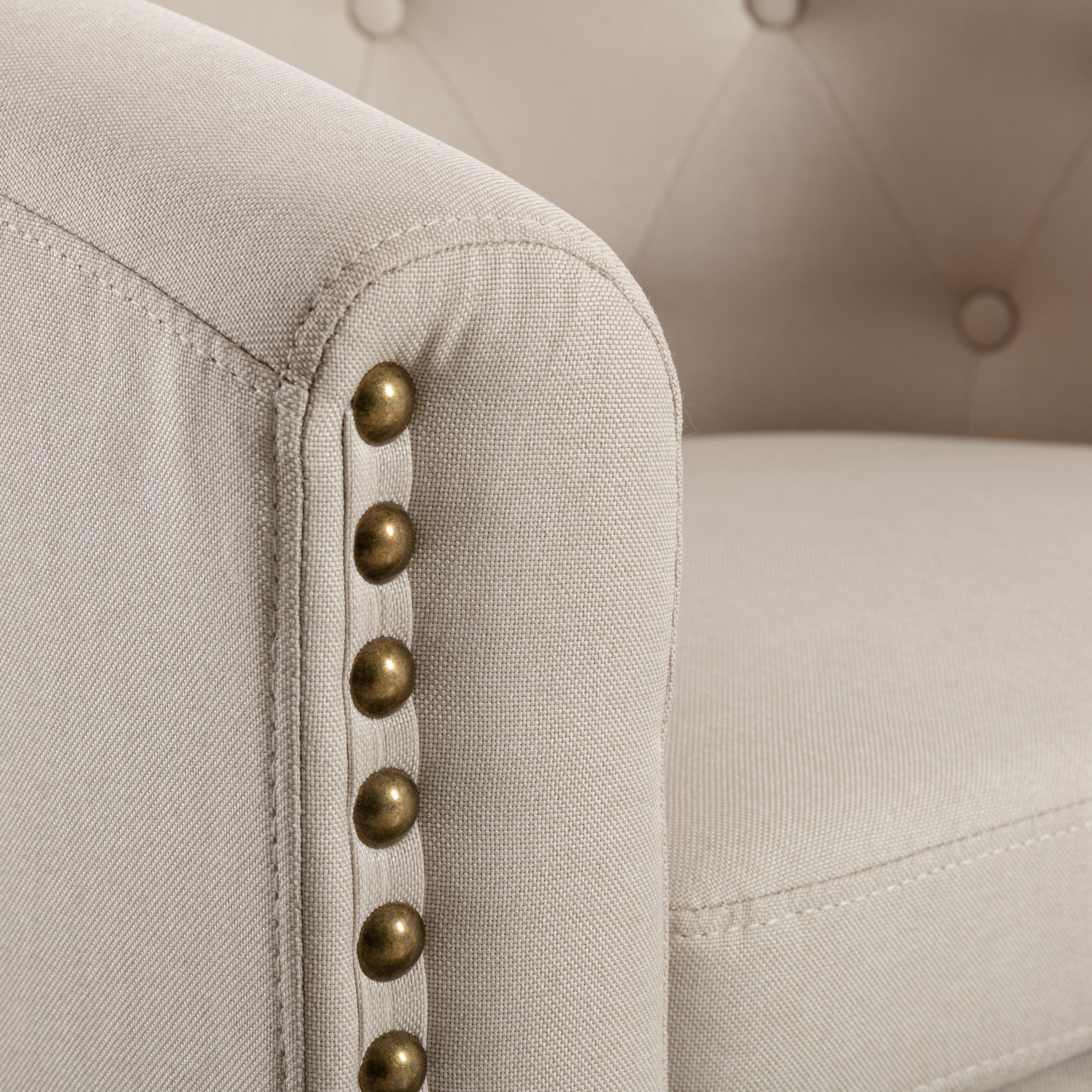 Tan linen Fabric Tufted Barrel Accent Chair with Nailhead Trim