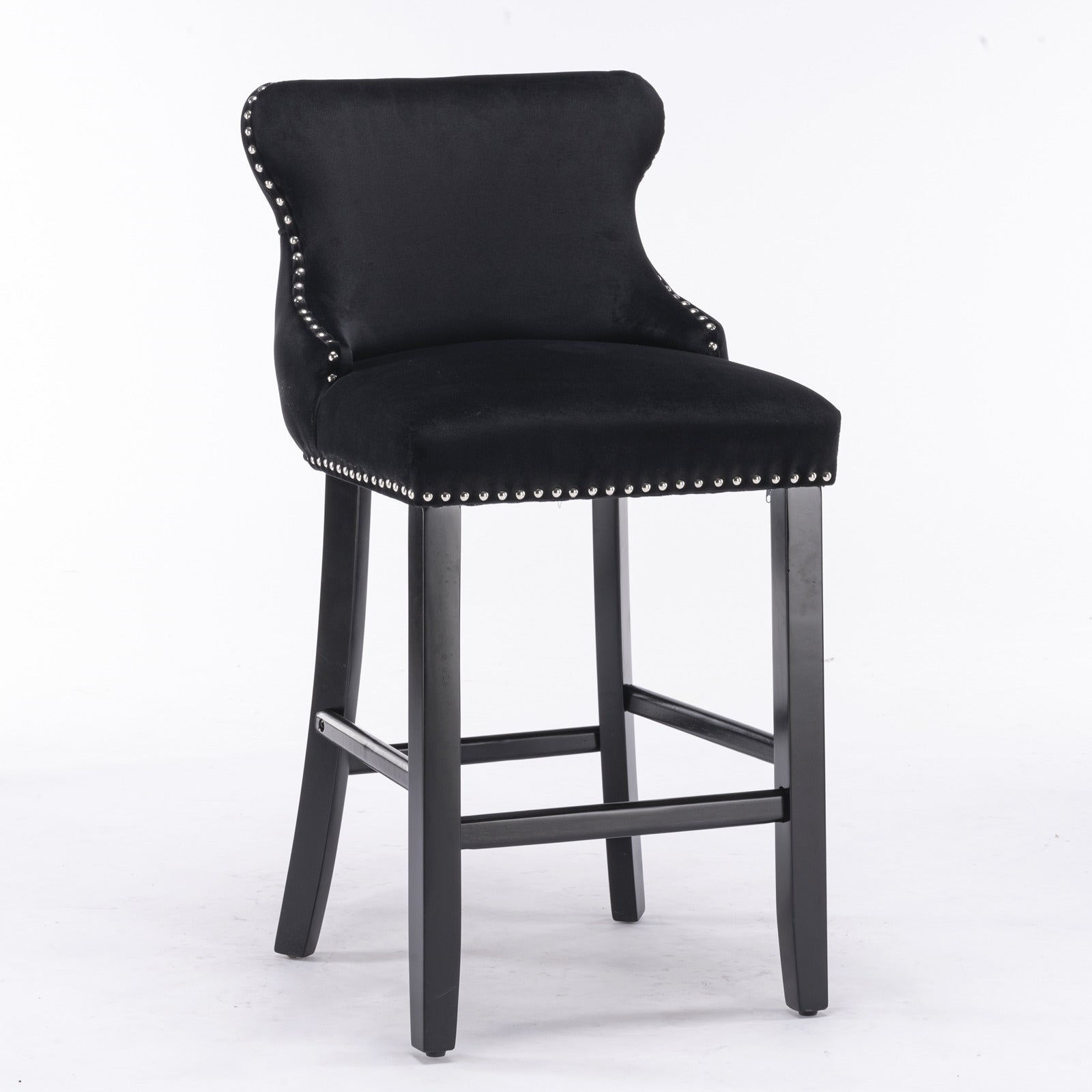 Set of 2 Black Velvet Counter Stools With Tufted Back and Nailhead Trim