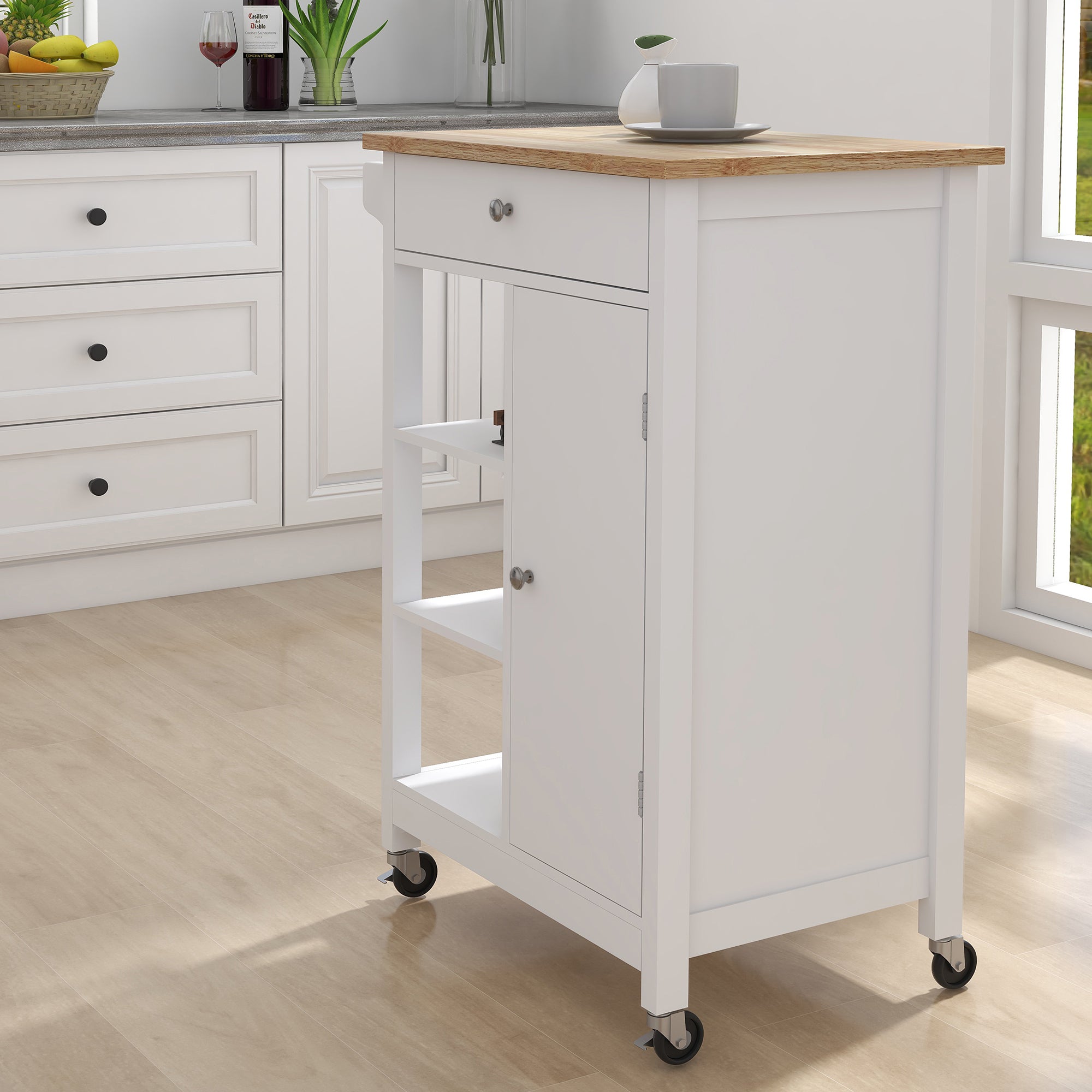 Small Space Kitchen Rolling Cart with Towel Rack and Solid Wood Top