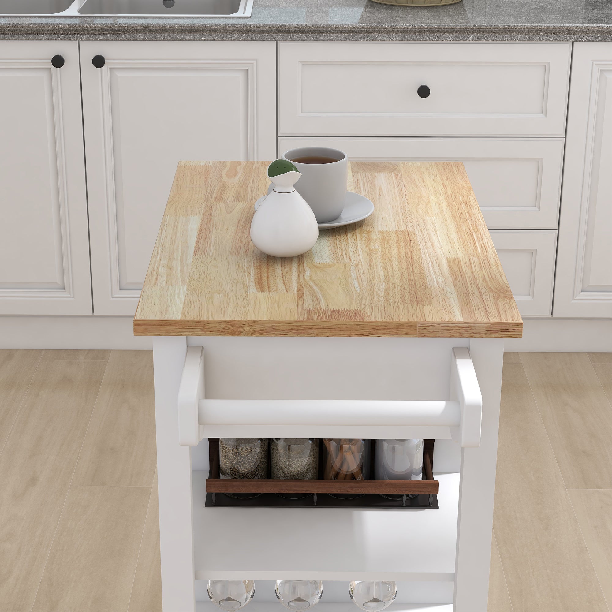 Small Space Kitchen Rolling Cart with Towel Rack and Solid Wood Top