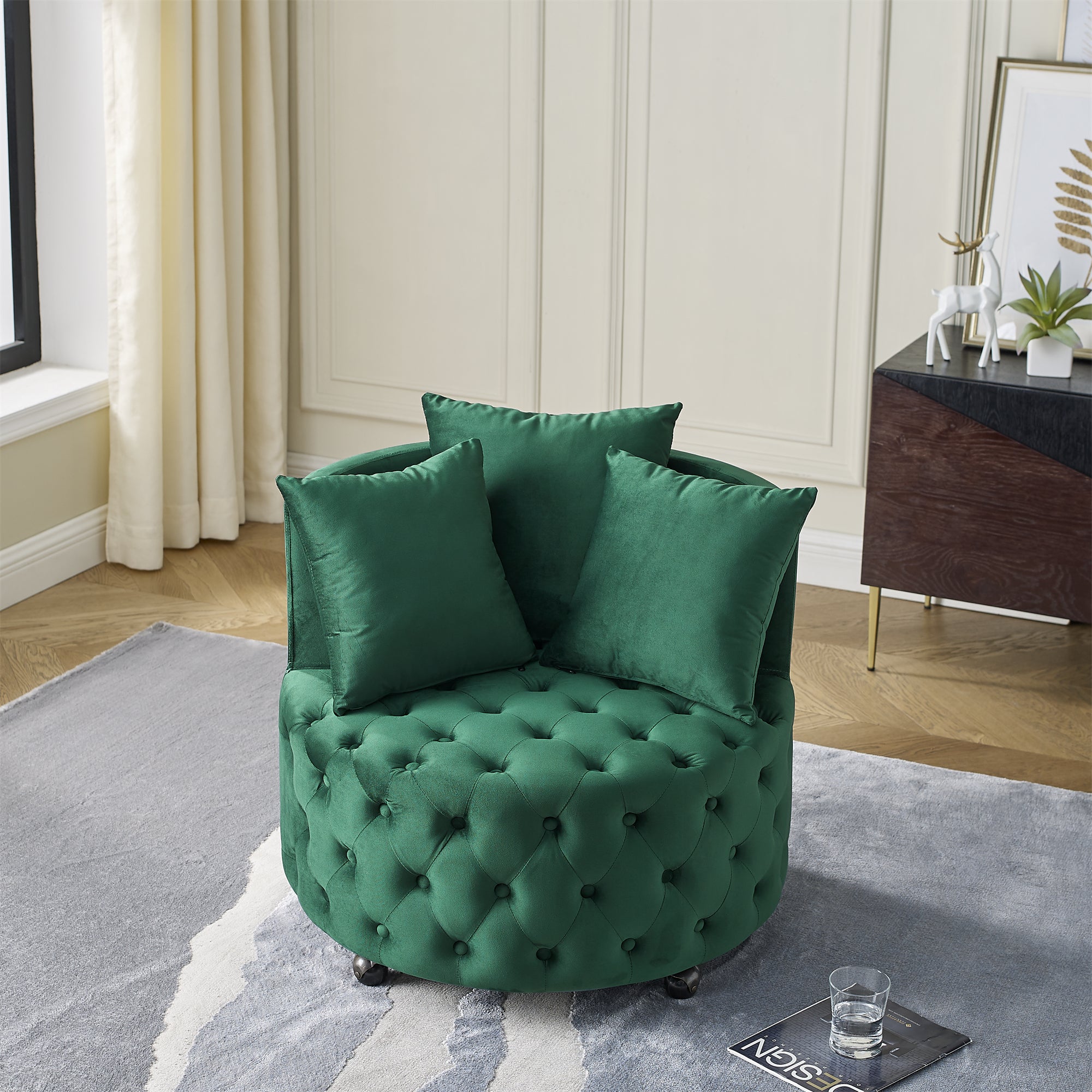 Cecilia Velvet Tufted Seat Swivel Rolling Accent Chair with Pillows