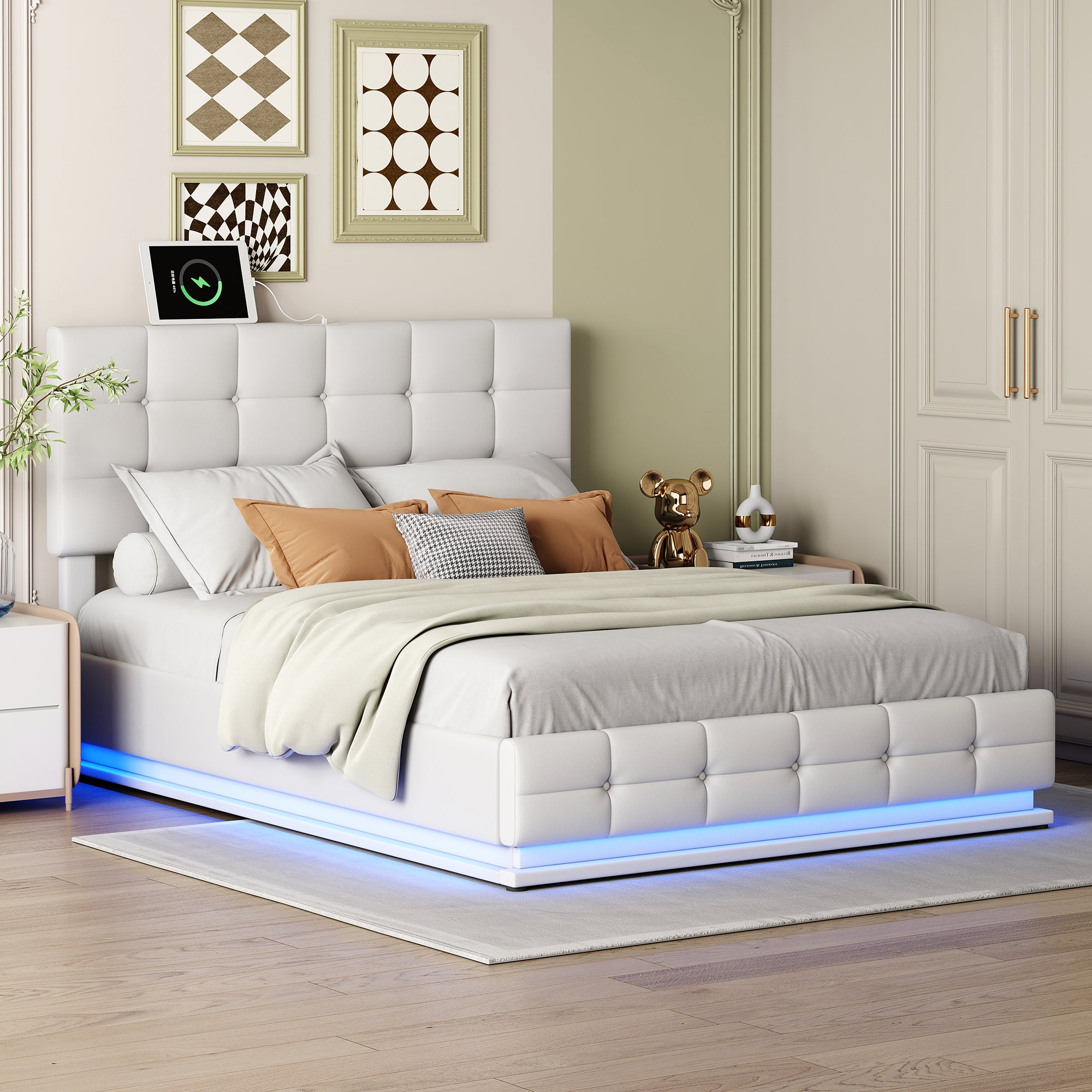 Kosmo White Queen Tufted Faux Leather Hydraulic Lift Platform Storage Bed With LED Light, USB Charger