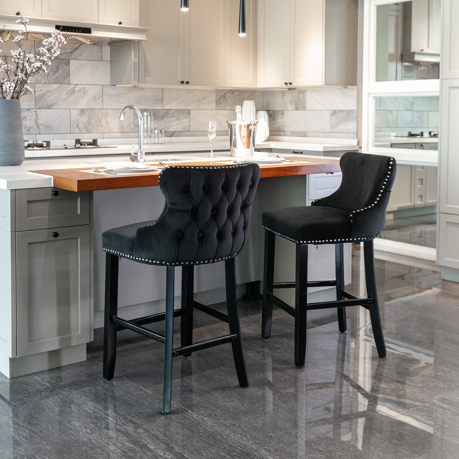 Set of 2 Black Velvet Counter Stools With Tufted Back and Nailhead Trim