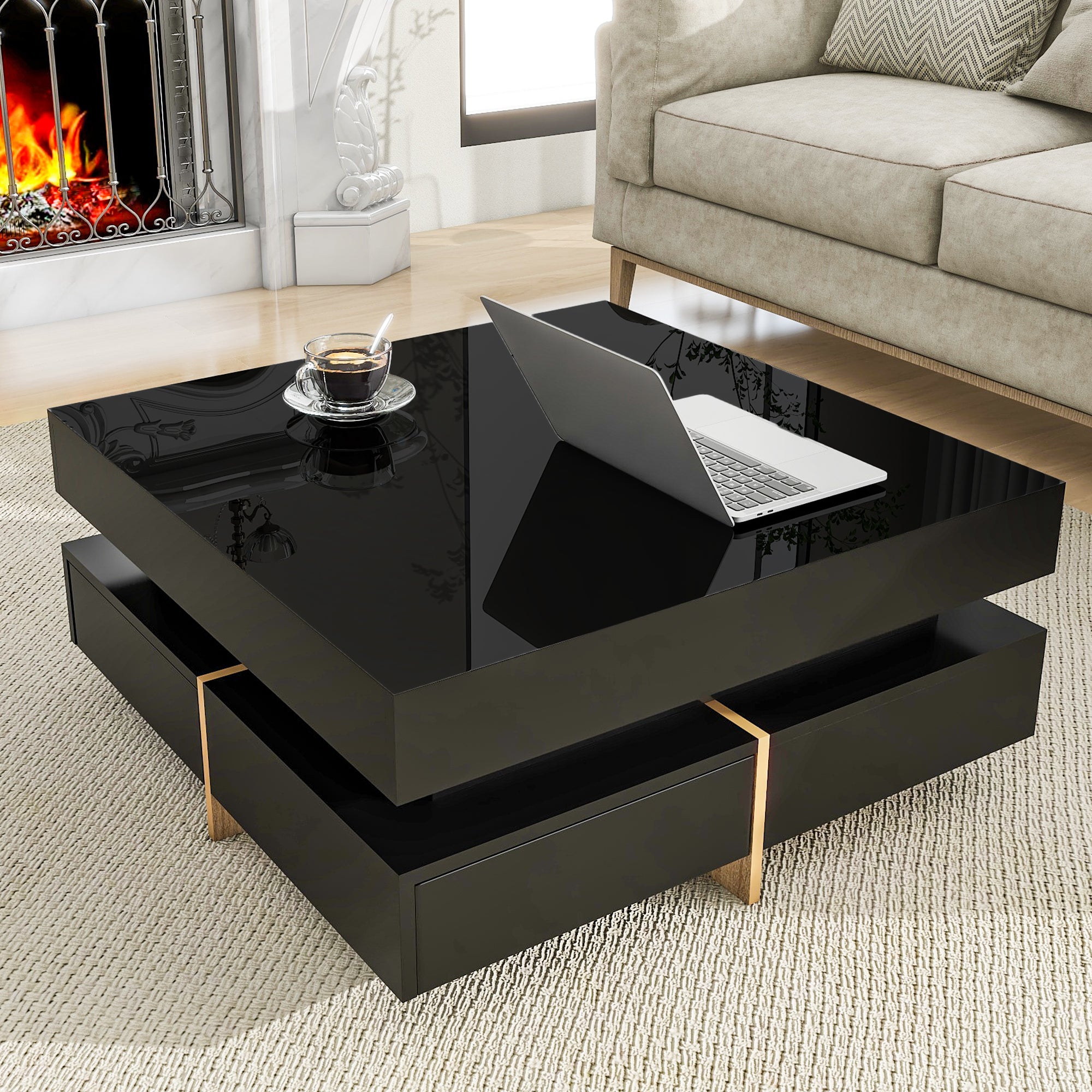 Arboga 31.5" x 31.5" Modern High Gloss Coffee Table with Storage Drawers