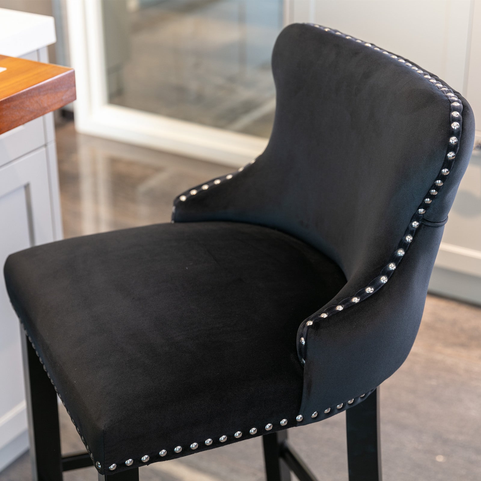 Set of 2 Black Velvet Counter Stools With Tufted Back and Nailhead Trim