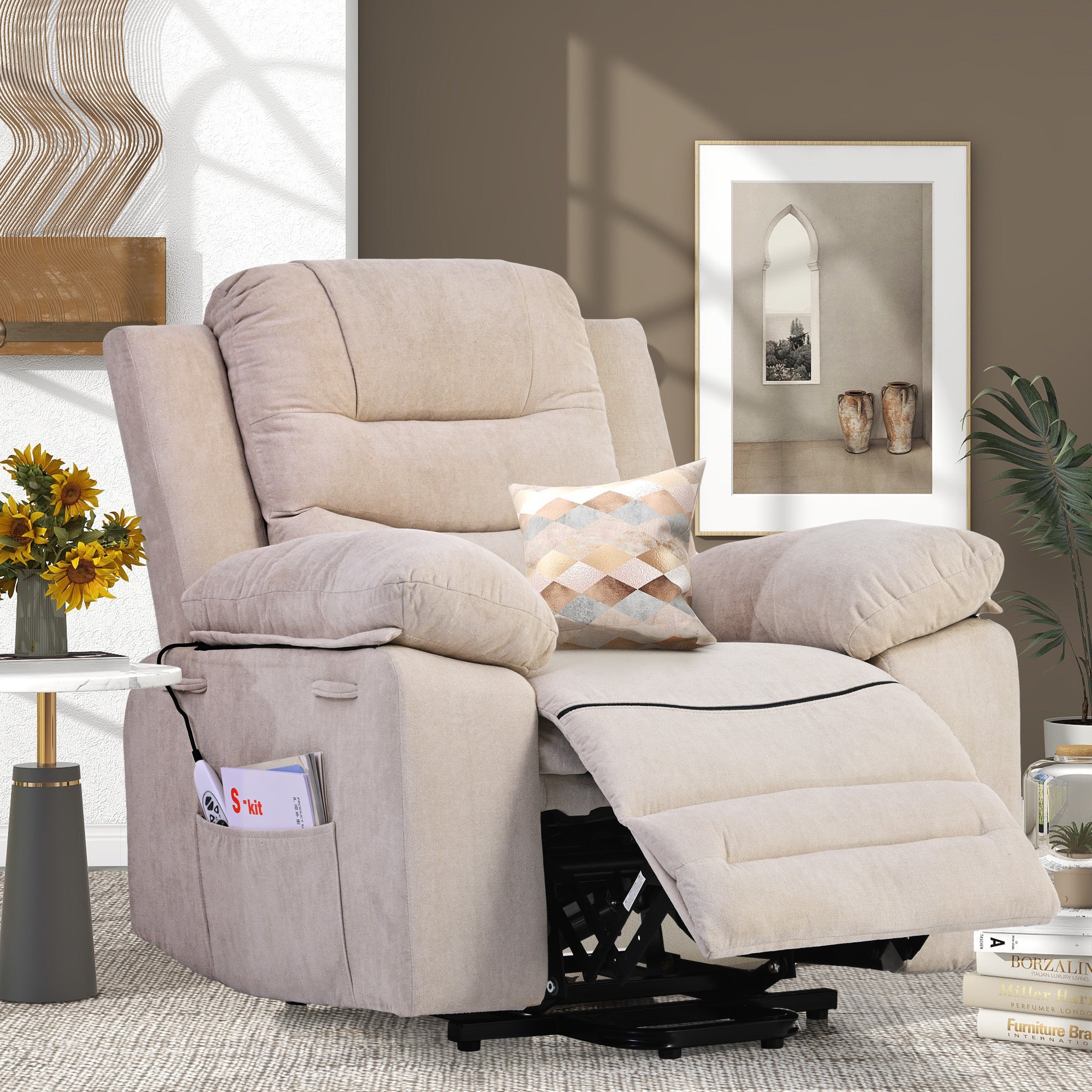 Morris Beige Linen Power Lift Reclining Chair With Adjustable massage and Heating