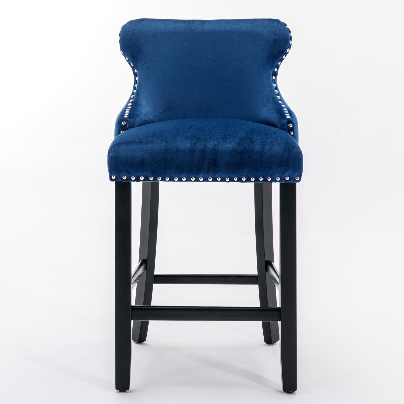 Set of 2 Blue Velvet Counter Stools With Tufted Back and Nailhead Trim