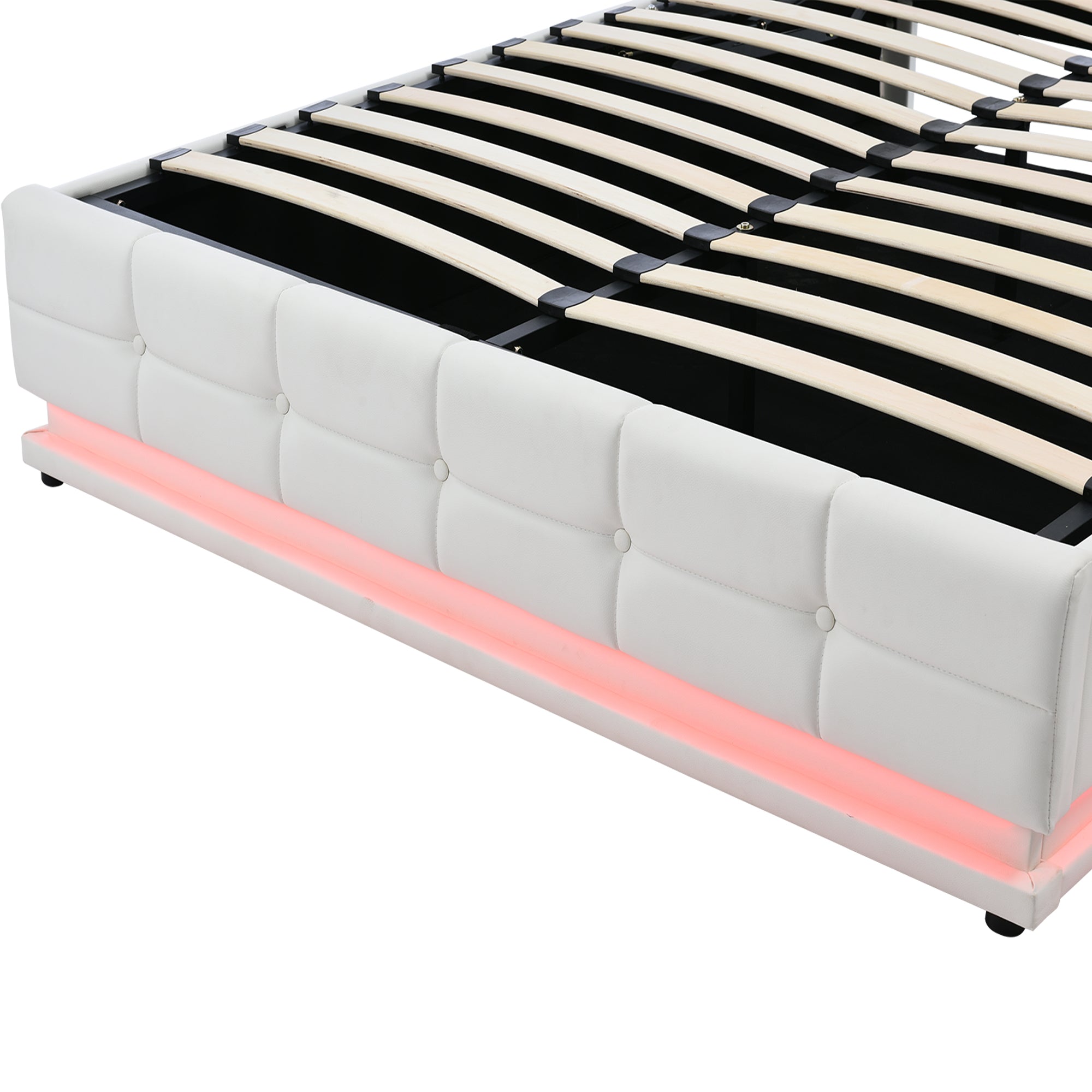 Kosmo White Queen Tufted Faux Leather Hydraulic Lift Platform Storage Bed With LED Light, USB Charger