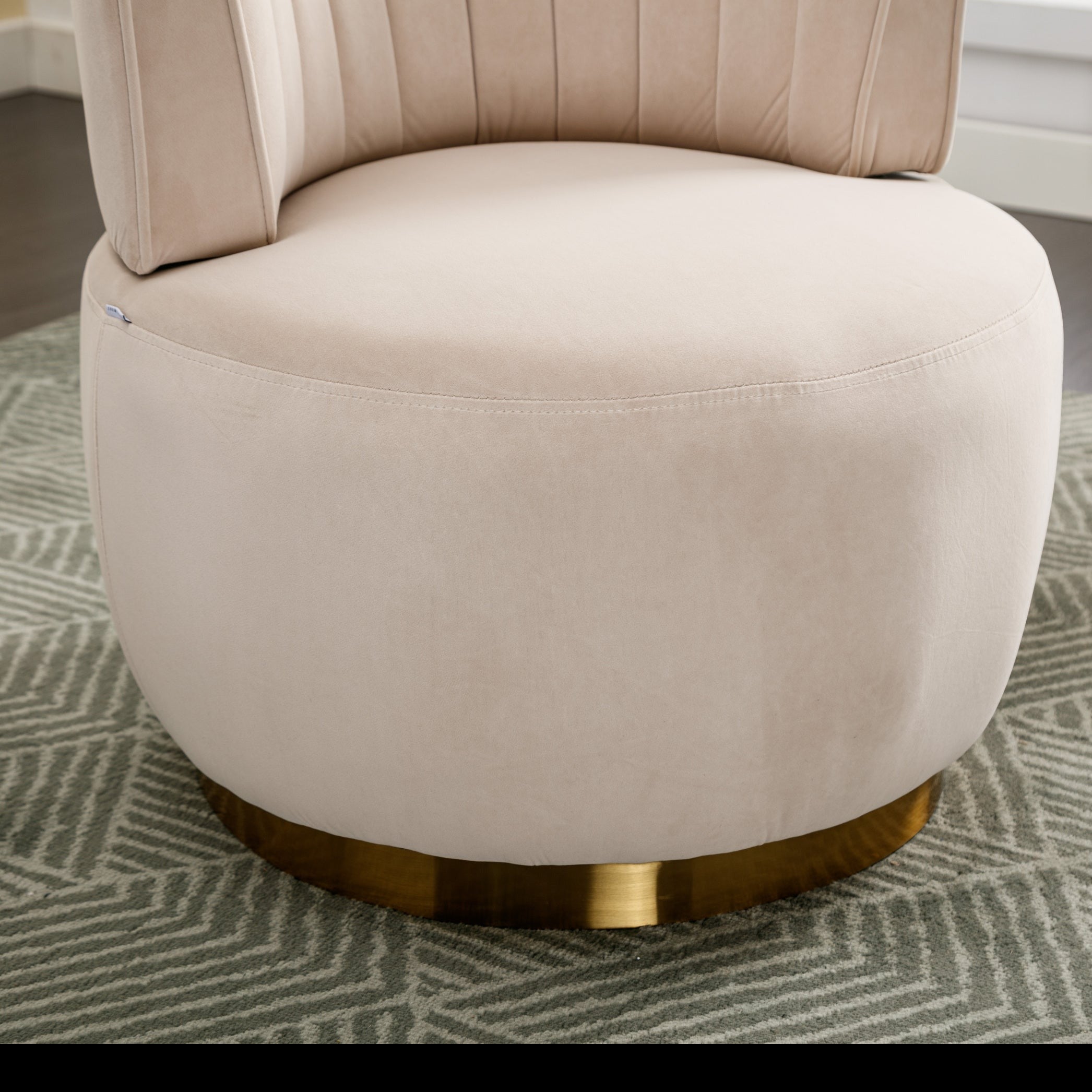 Becca Velvet Swivel Accent Barrel Chair with Channel Back and Gold Trim Base