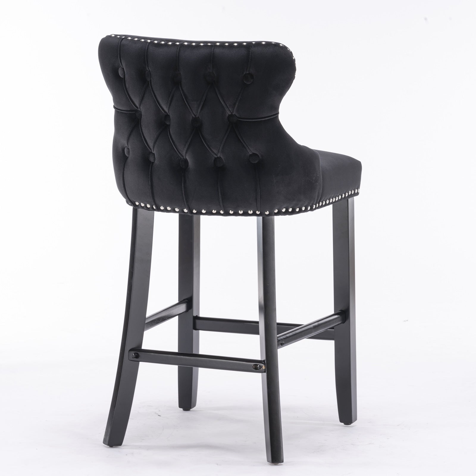 Set of 2 Black Velvet Counter Stools With Tufted Back and Nailhead Trim