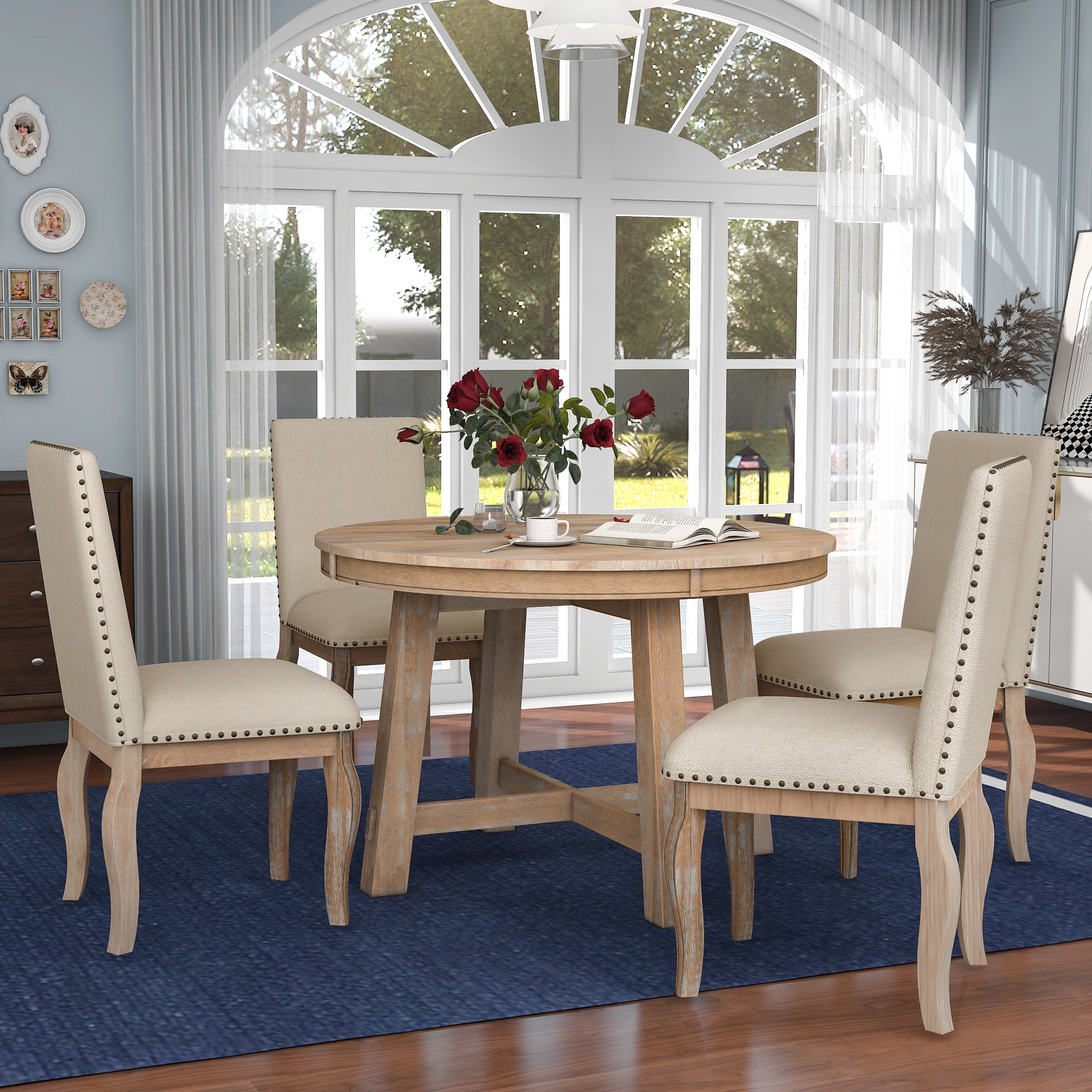 Harrison 5Pc Set Natural Wood Wash Dining Set with Dropleaf. 42" Round Extend to 58" Oval