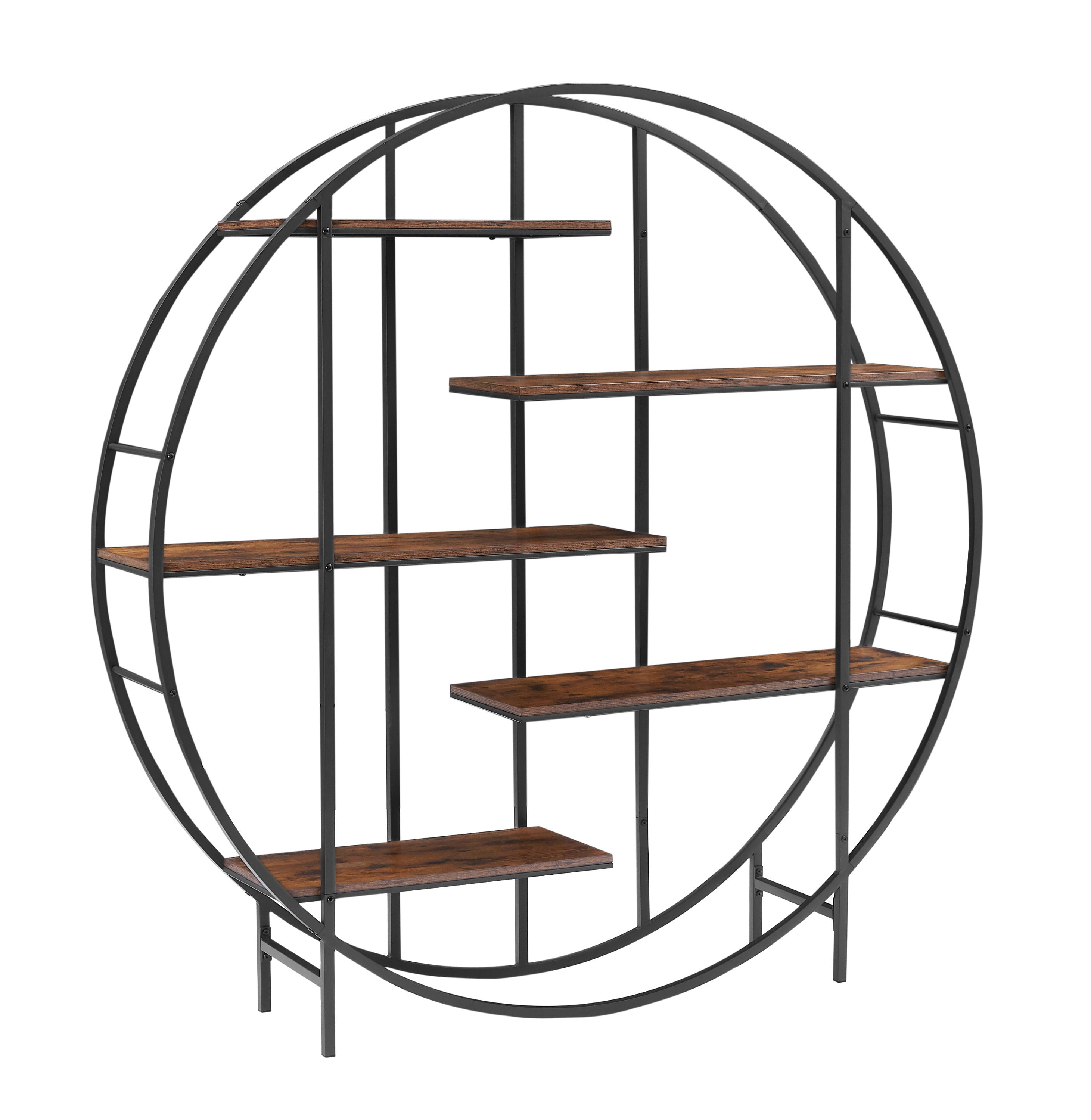 67" Diameter Rustic Brown Round Storage Bookcase Display Stand Black Metal Frame