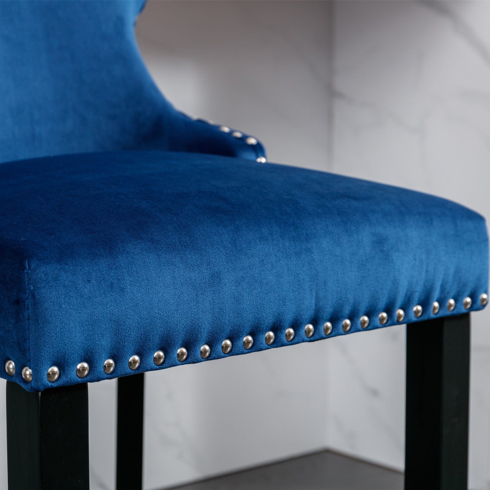 Set of 2 Blue Velvet Counter Stools With Tufted Back and Nailhead Trim