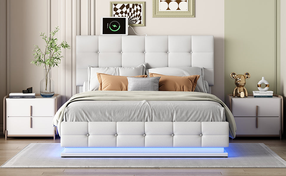 Kosmo White Queen Tufted Faux Leather Hydraulic Lift Platform Storage Bed With LED Light, USB Charger