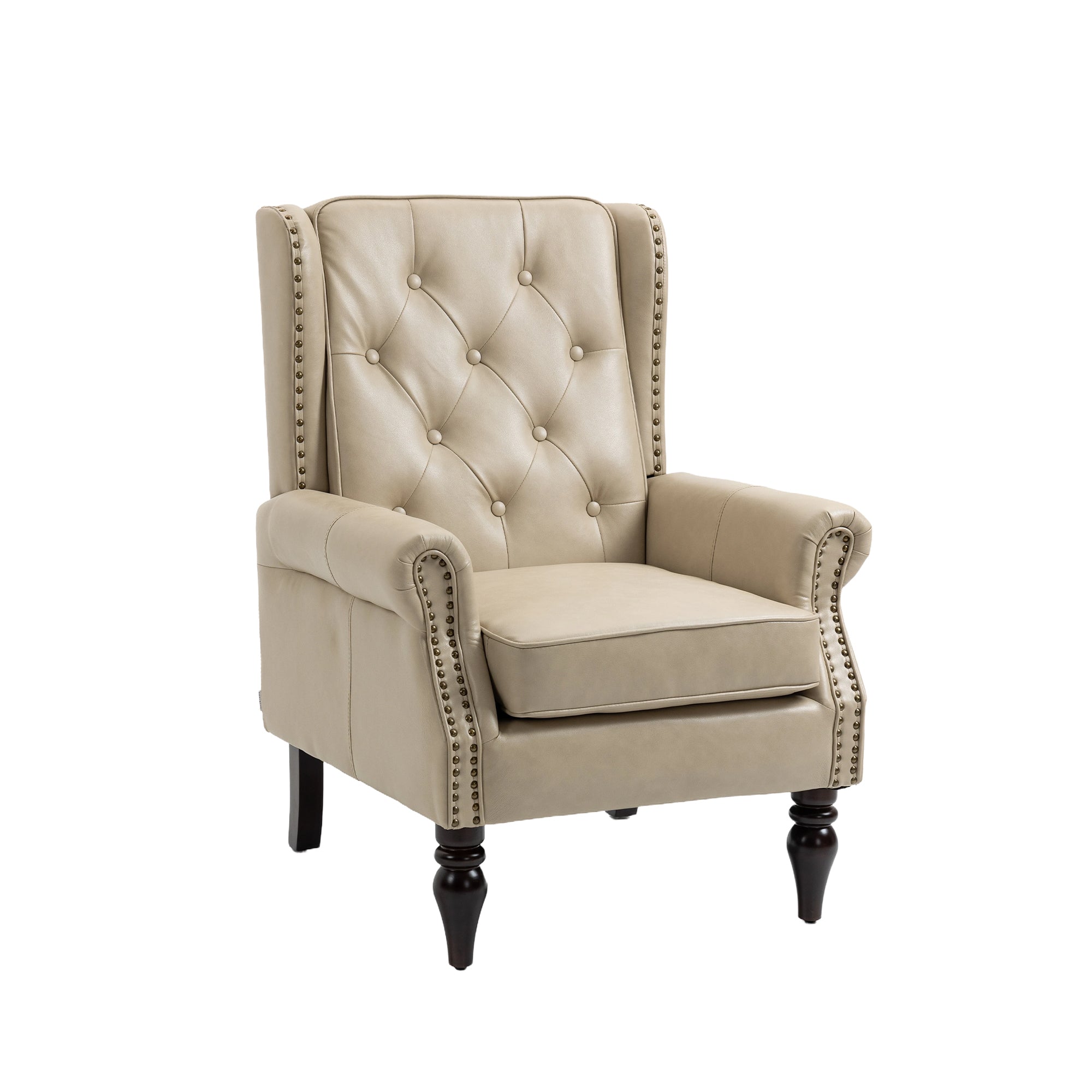 Wallace Beige Faux Leather Wing Accent Chair with Tufted Back and Nailhead