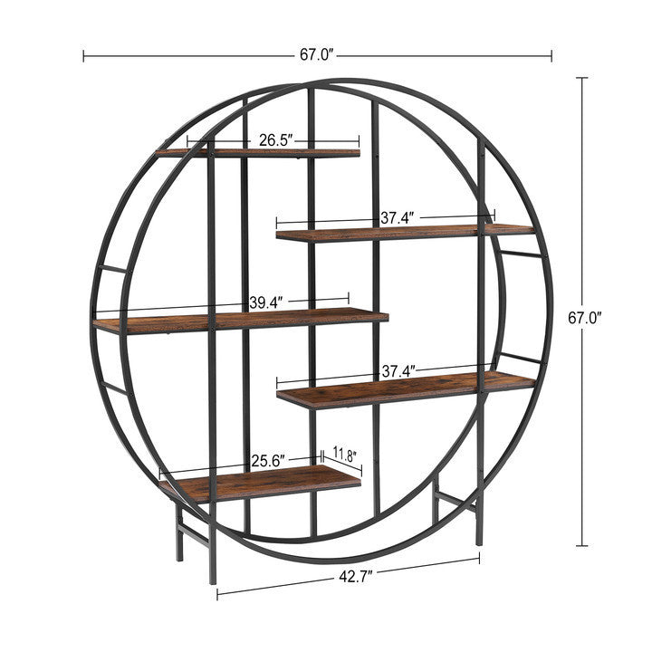 67" Diameter Rustic Brown Round Storage Bookcase Display Stand Black Metal Frame