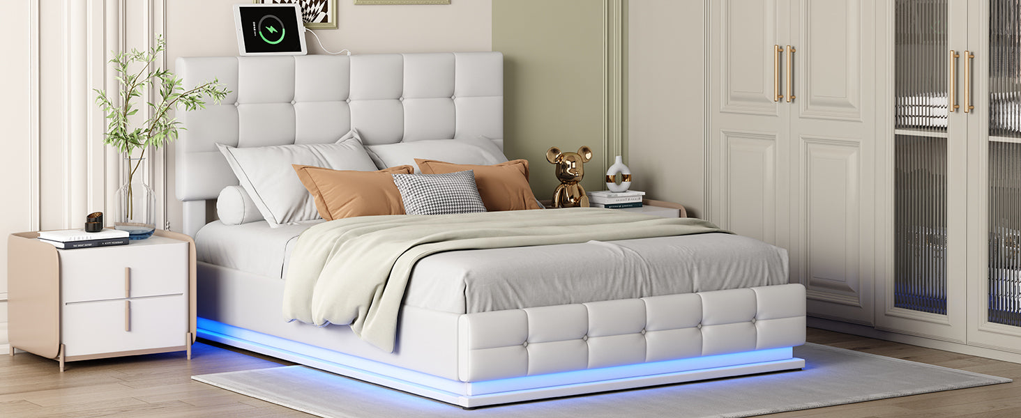 Kosmo White Queen Tufted Faux Leather Hydraulic Lift Platform Storage Bed With LED Light, USB Charger