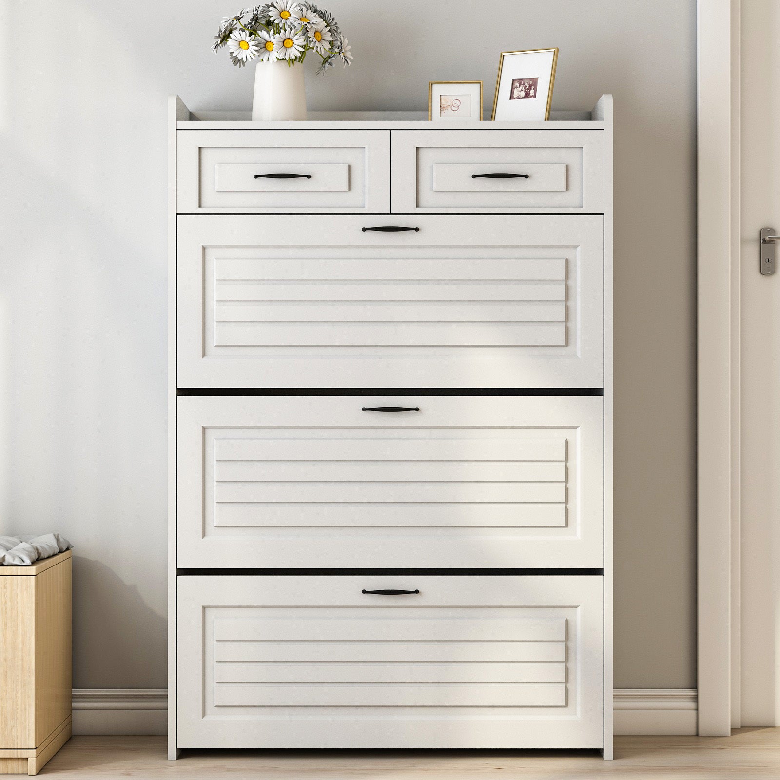 White Entryway Storage Shoe Cabinet Rack