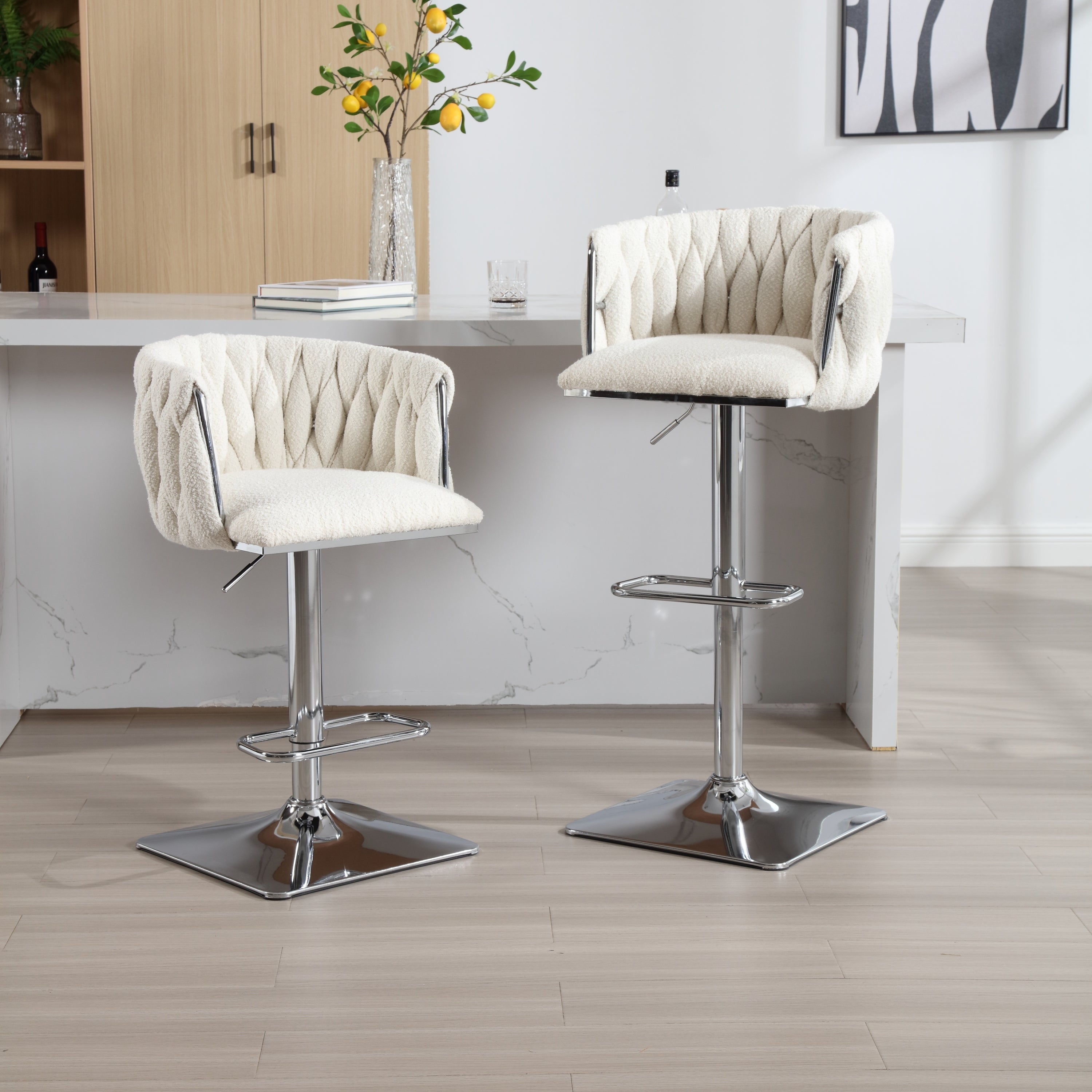 Set of 2 Modern Boucle Fabric Swivel Adjustable Height Barstools with Chromed Base