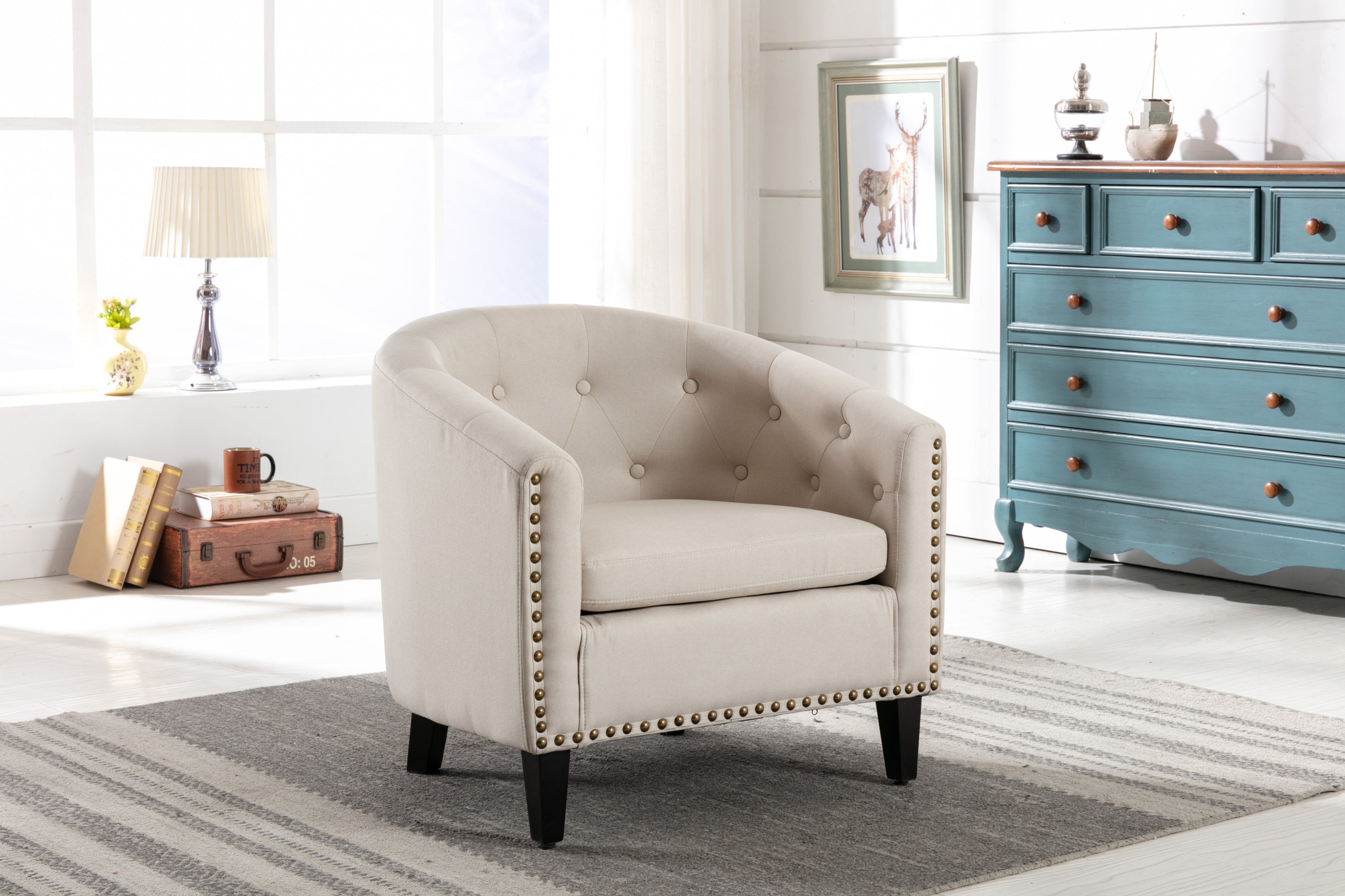 Tan linen Fabric Tufted Barrel Accent Chair with Nailhead Trim