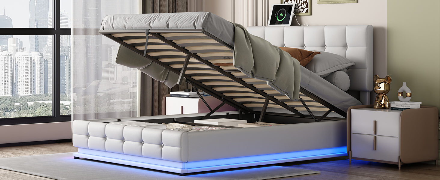 Kosmo White Queen Tufted Faux Leather Hydraulic Lift Platform Storage Bed With LED Light, USB Charger