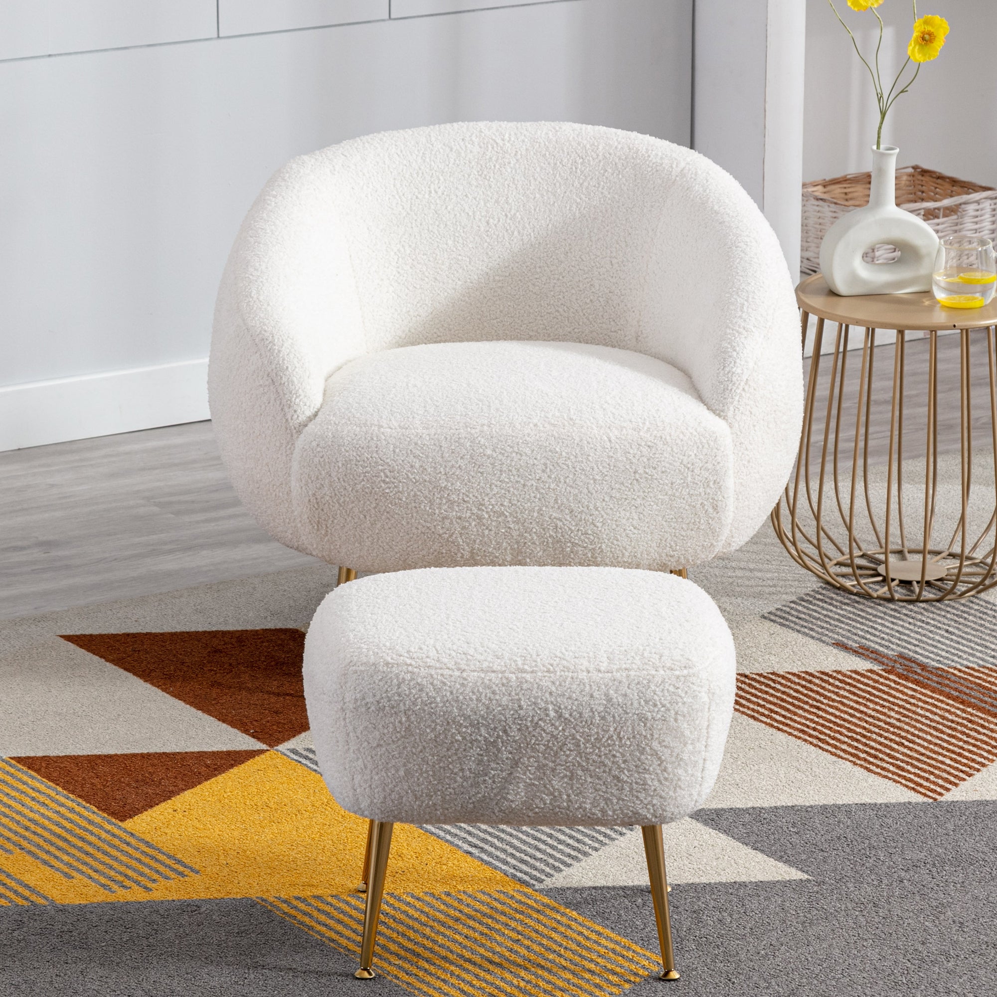 Elise Boucle Modern Barrel Accent Chair with Ottoman