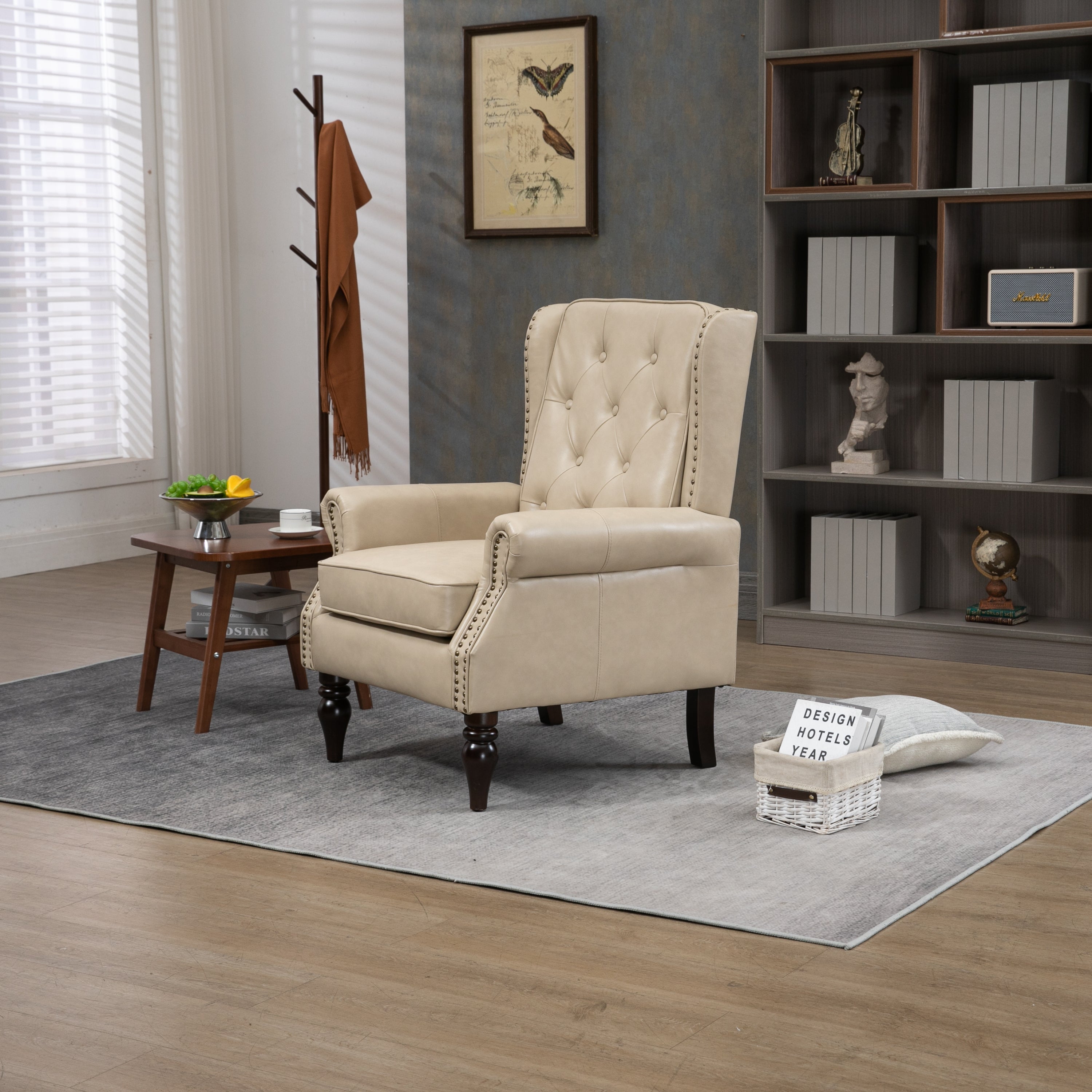 Wallace Beige Faux Leather Wing Accent Chair with Tufted Back and Nailhead