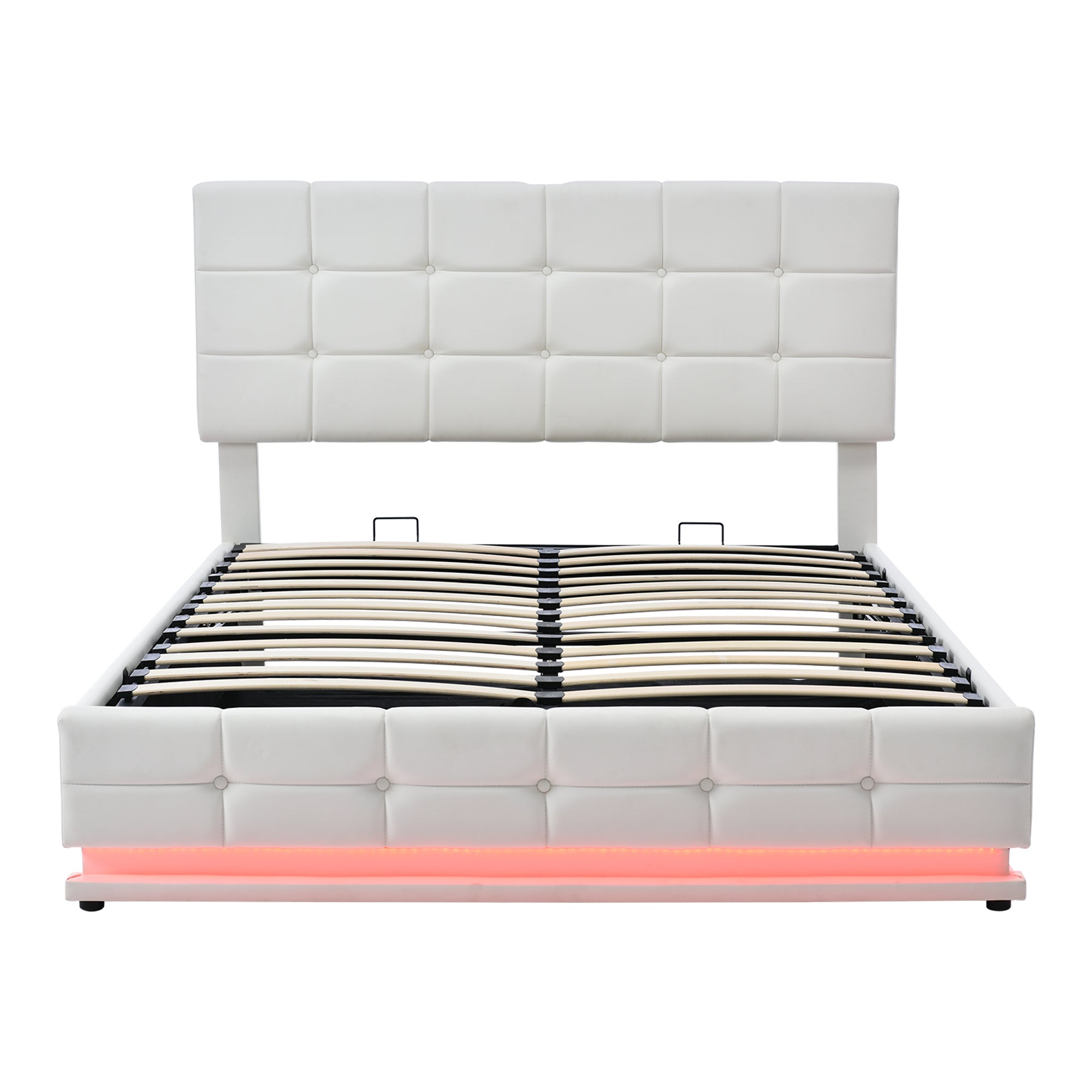 Kosmo White Queen Tufted Faux Leather Hydraulic Lift Platform Storage Bed With LED Light, USB Charger