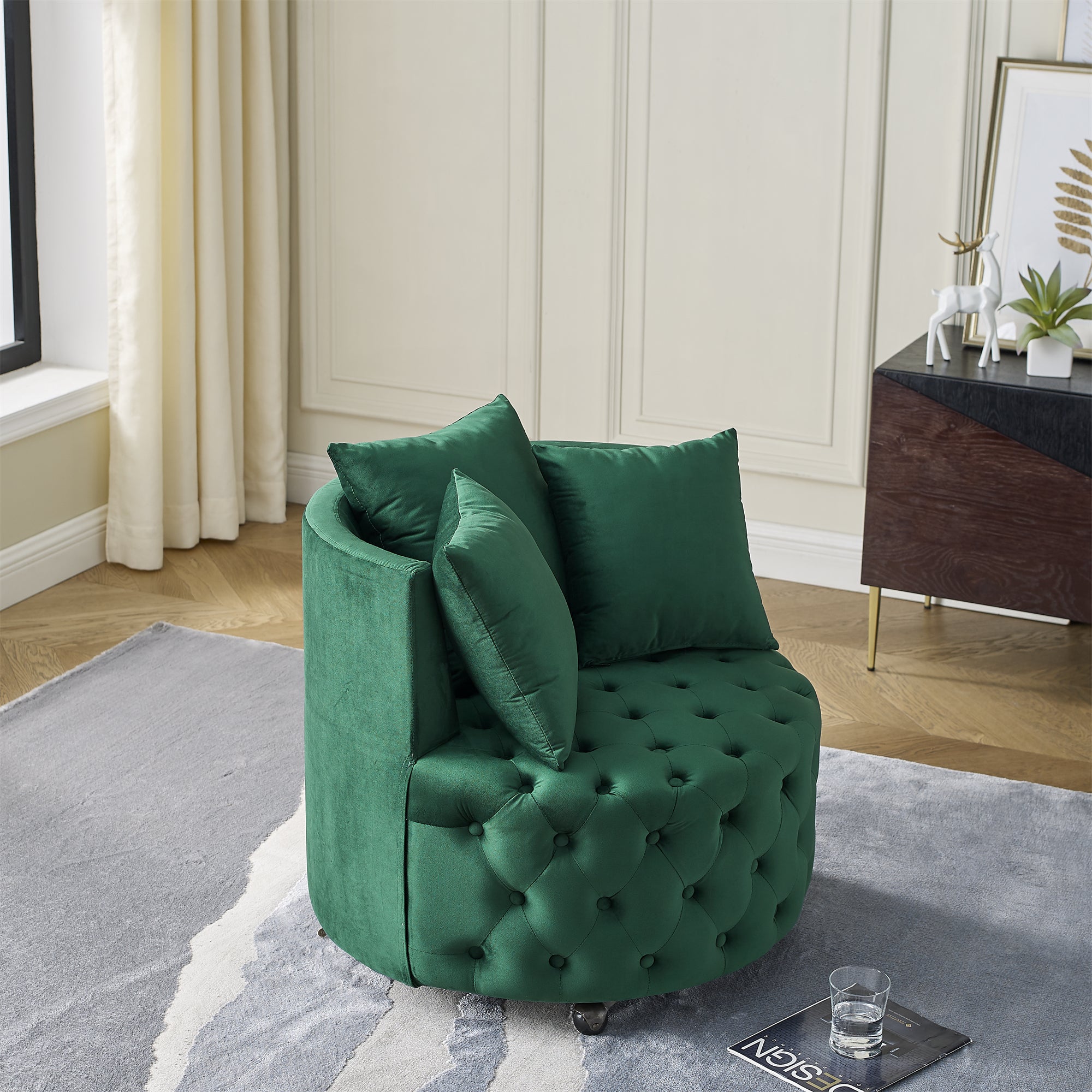 Cecilia Velvet Tufted Seat Swivel Rolling Accent Chair with Pillows