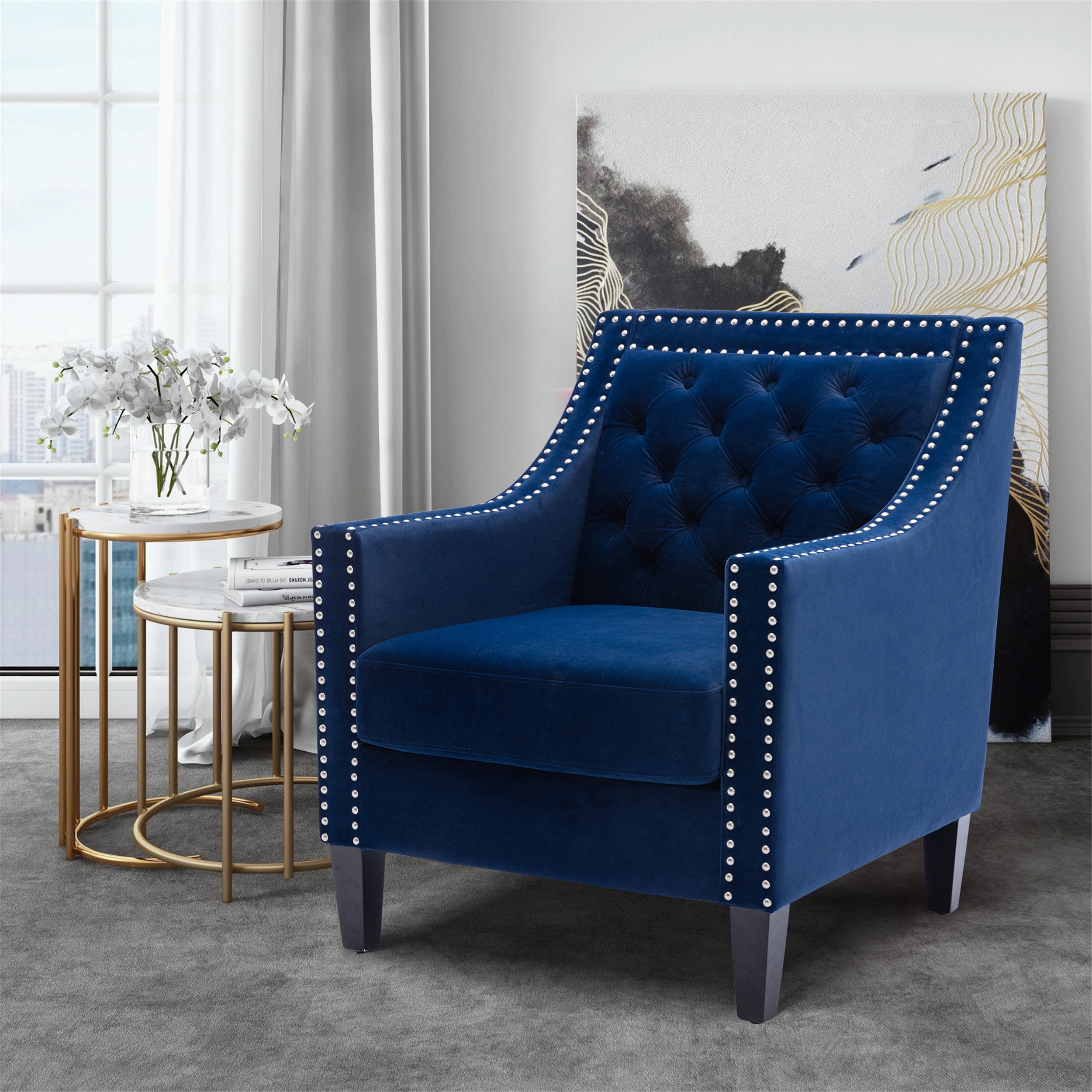 Vegas Navy Blue Velvet Accent Chair With Tufted Back and Nailhead Trim