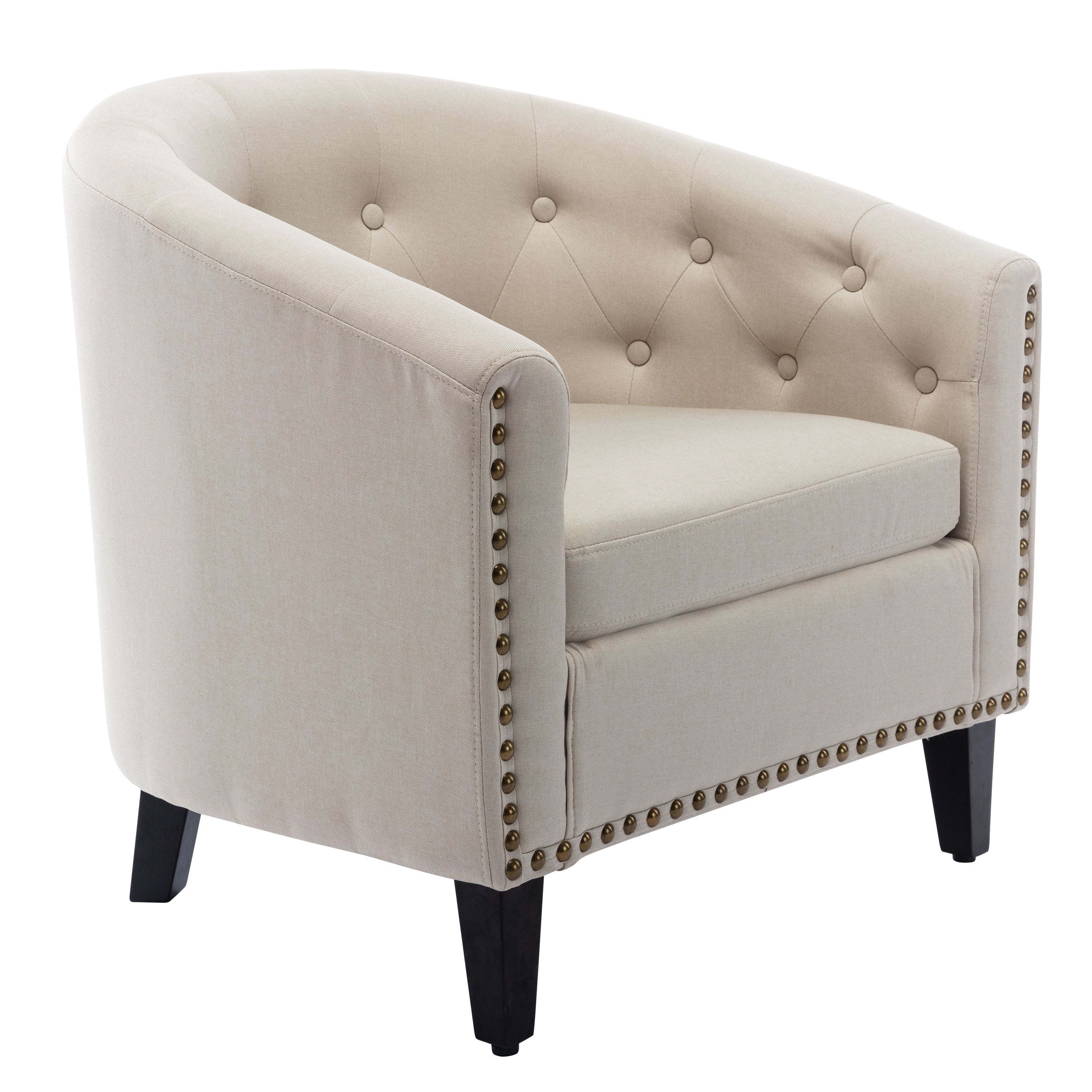 Tan linen Fabric Tufted Barrel Accent Chair with Nailhead Trim