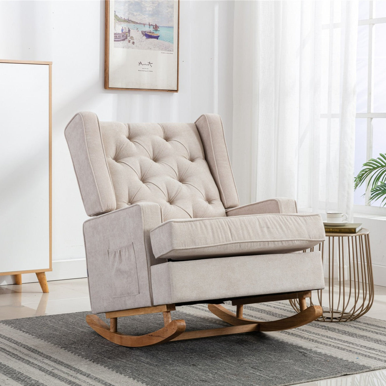 Beige Linen Fabric Accent Rocking Chair 