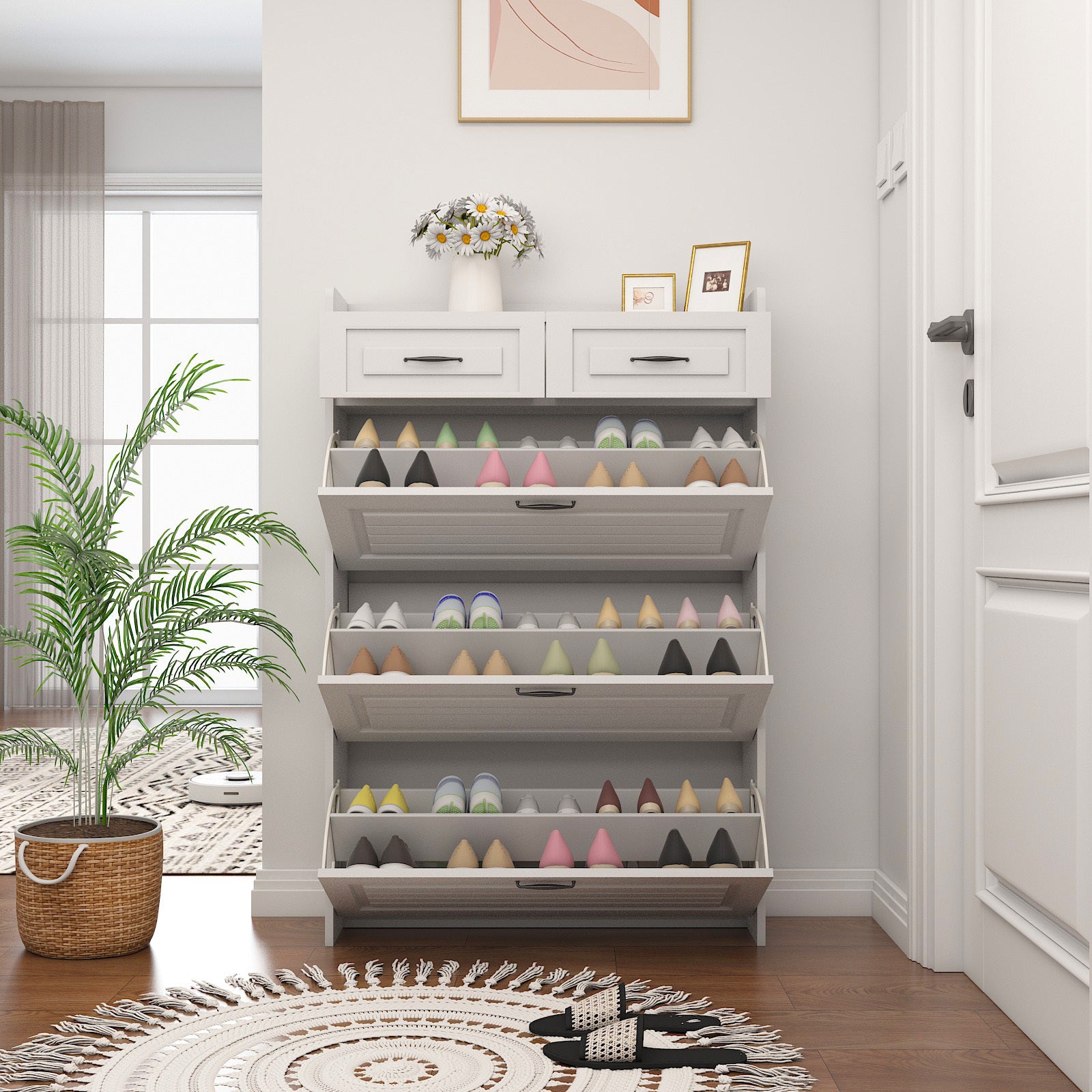 White Entryway Storage Shoe Cabinet Rack