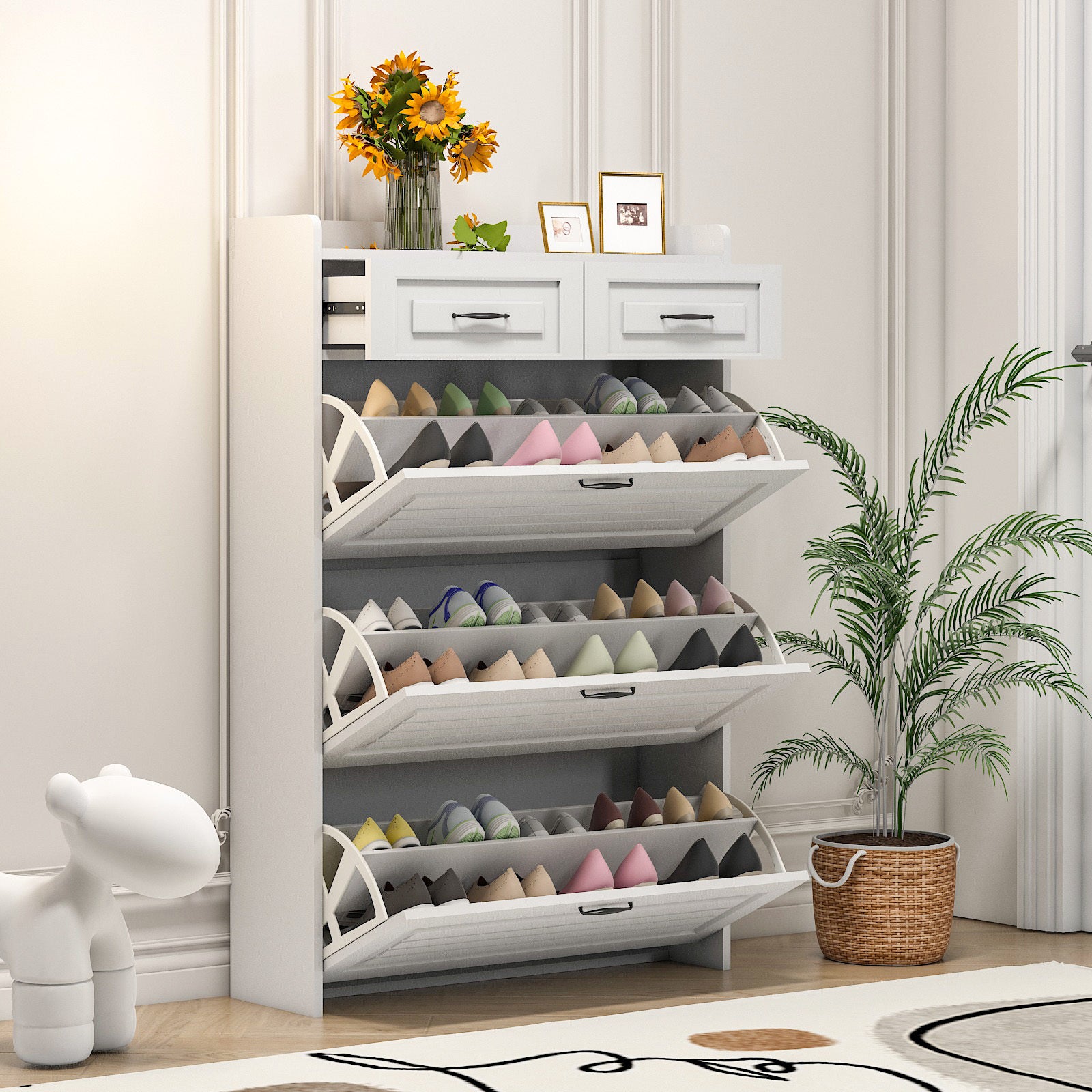 White Entryway Storage Shoe Cabinet Rack 