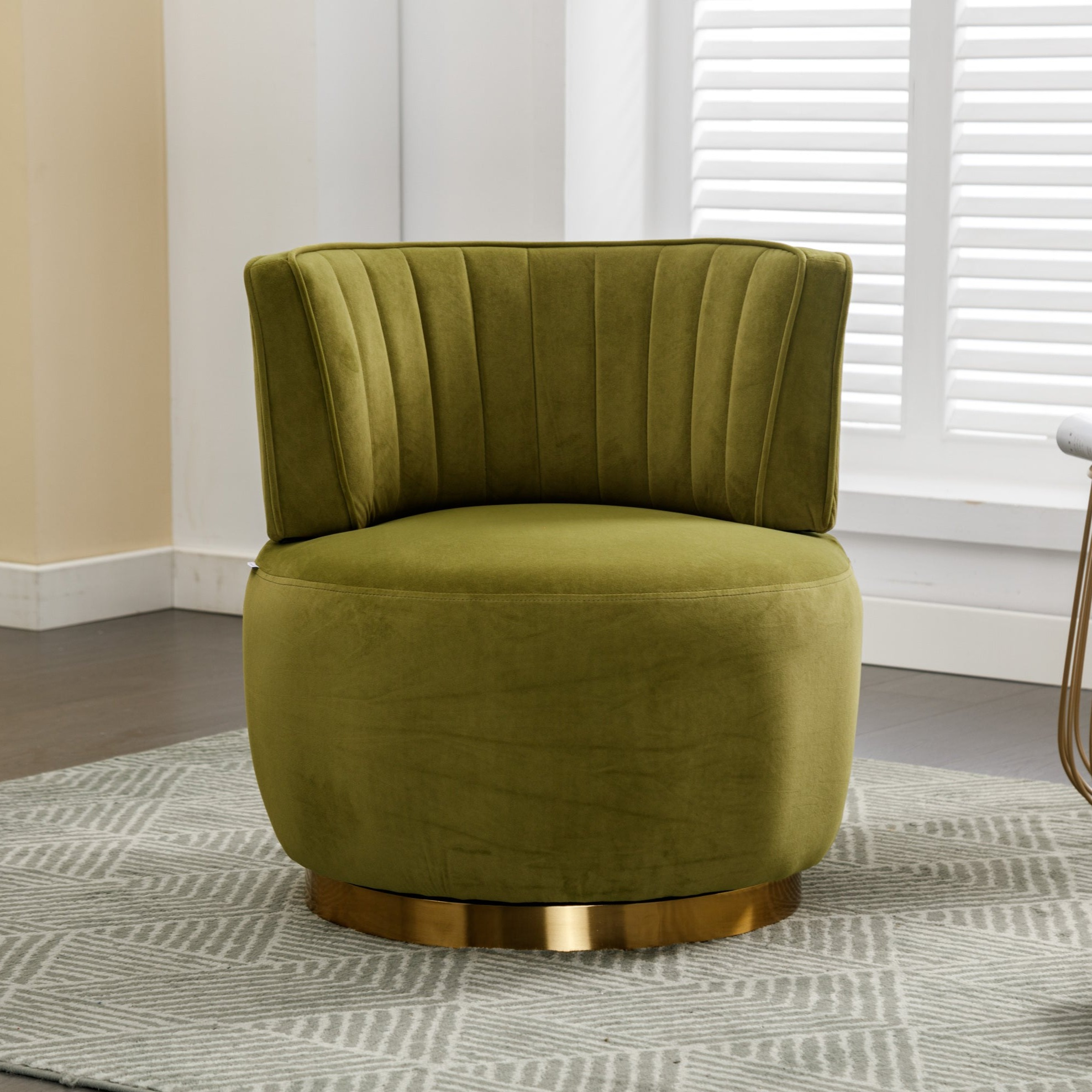 Becca Velvet Swivel Accent Barrel Chair with Channel Back and Gold Trim Base