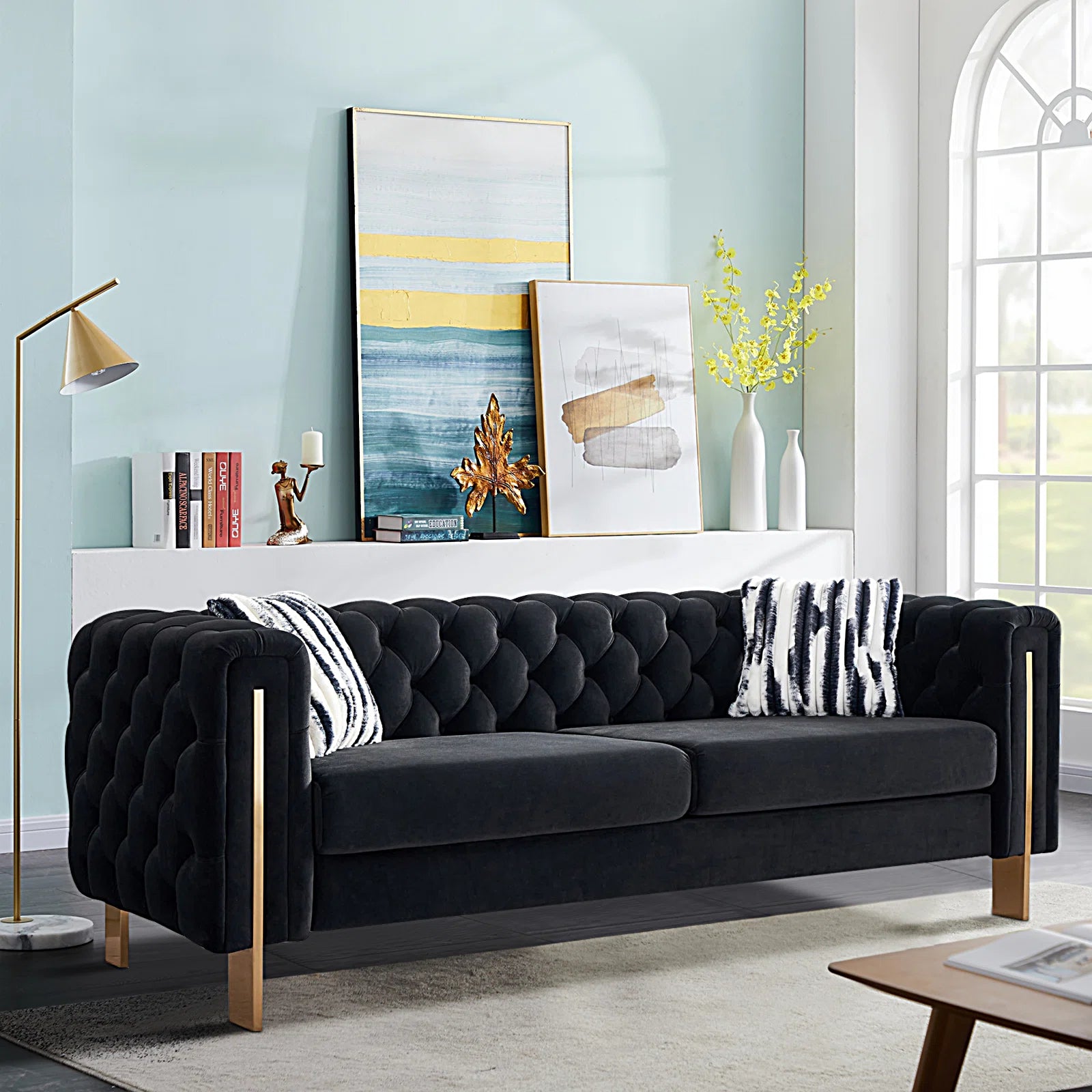 84" Giodani Modern Black Velvet Sofa