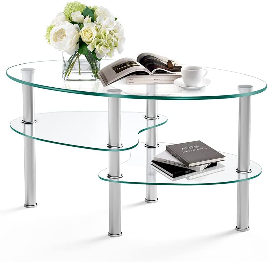 Modern Oval 3 Tier Clear Glass Coffee Table with Stainless Legs