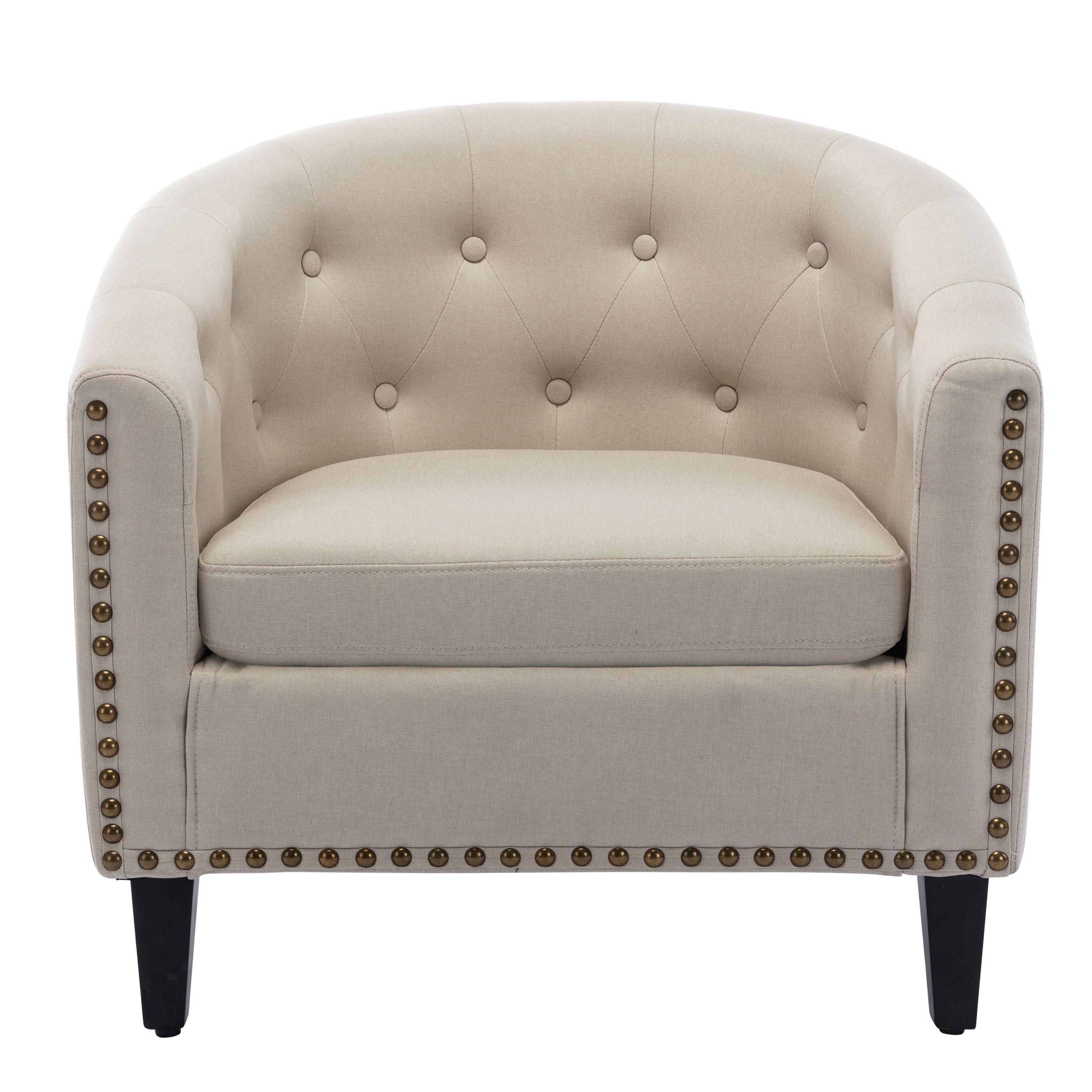 Tan linen Fabric Tufted Barrel Accent Chair with Nailhead Trim