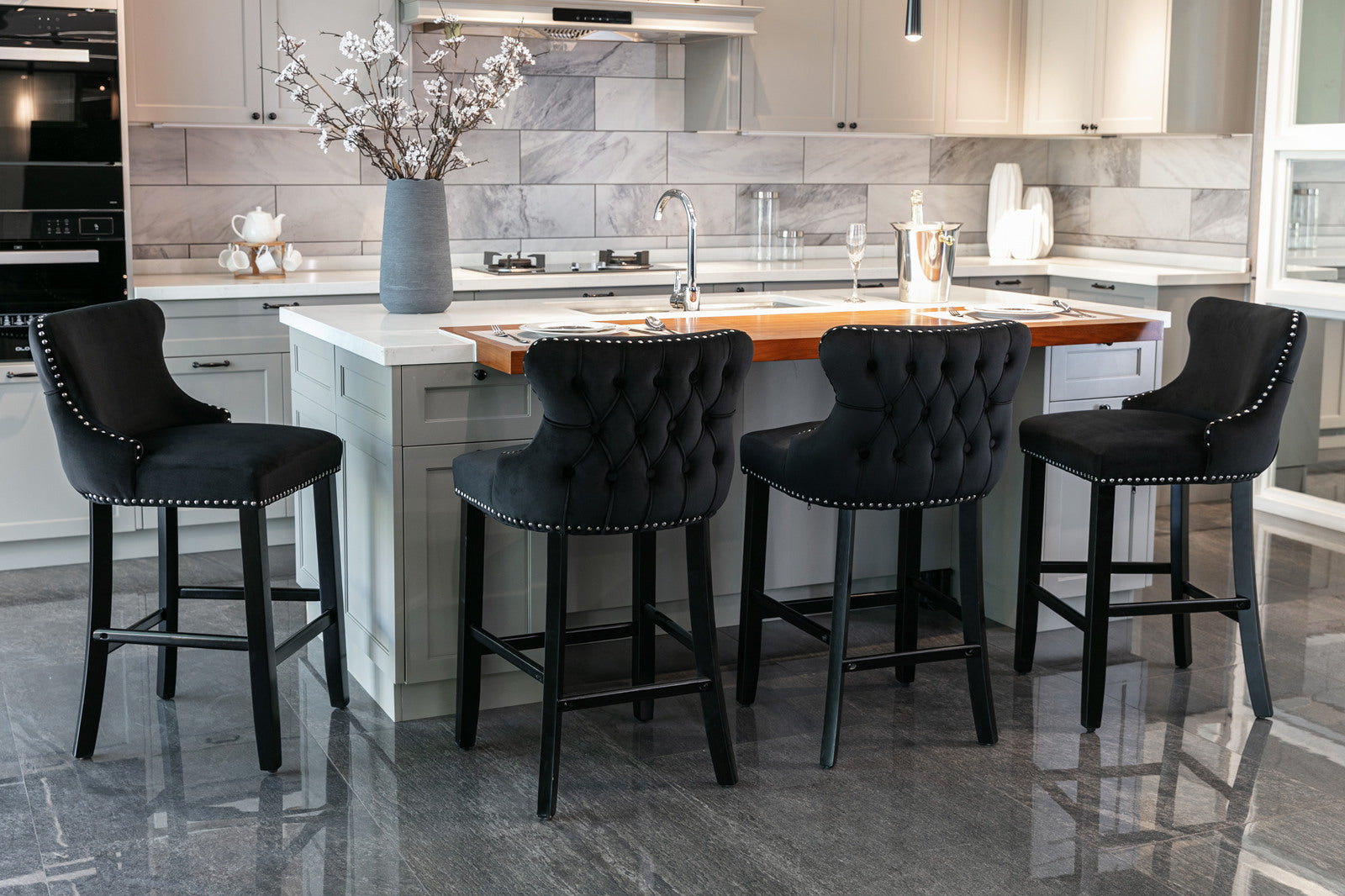 Set of 2 Black Velvet Counter Stools With Tufted Back and Nailhead Trim