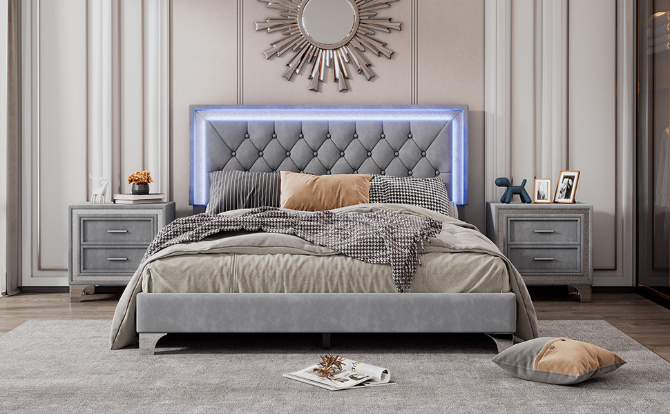 Tiffani 3 Piece Bedroom Set, Queen Size Velvet Upholstered Platform Bed with LED Lights and Two Nightstands