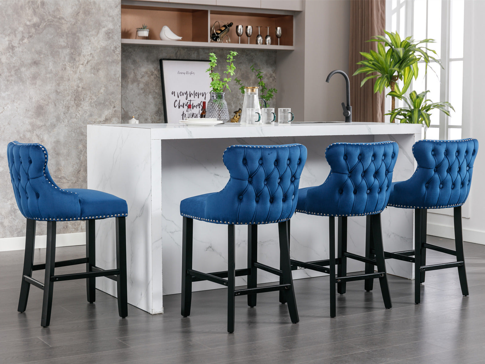 Set of 2 Blue Velvet Counter Stools With Tufted Back and Nailhead Trim