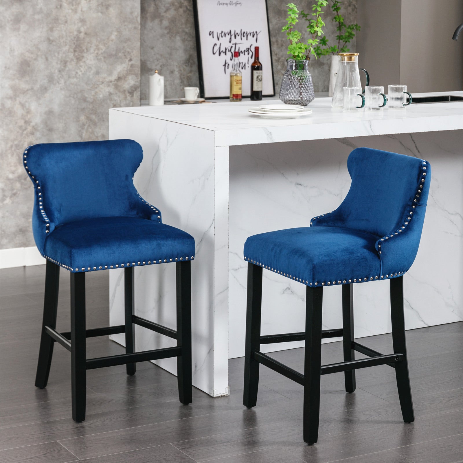 Set of 2 Blue Velvet Counter Stools With Tufted Back and Nailhead Trim