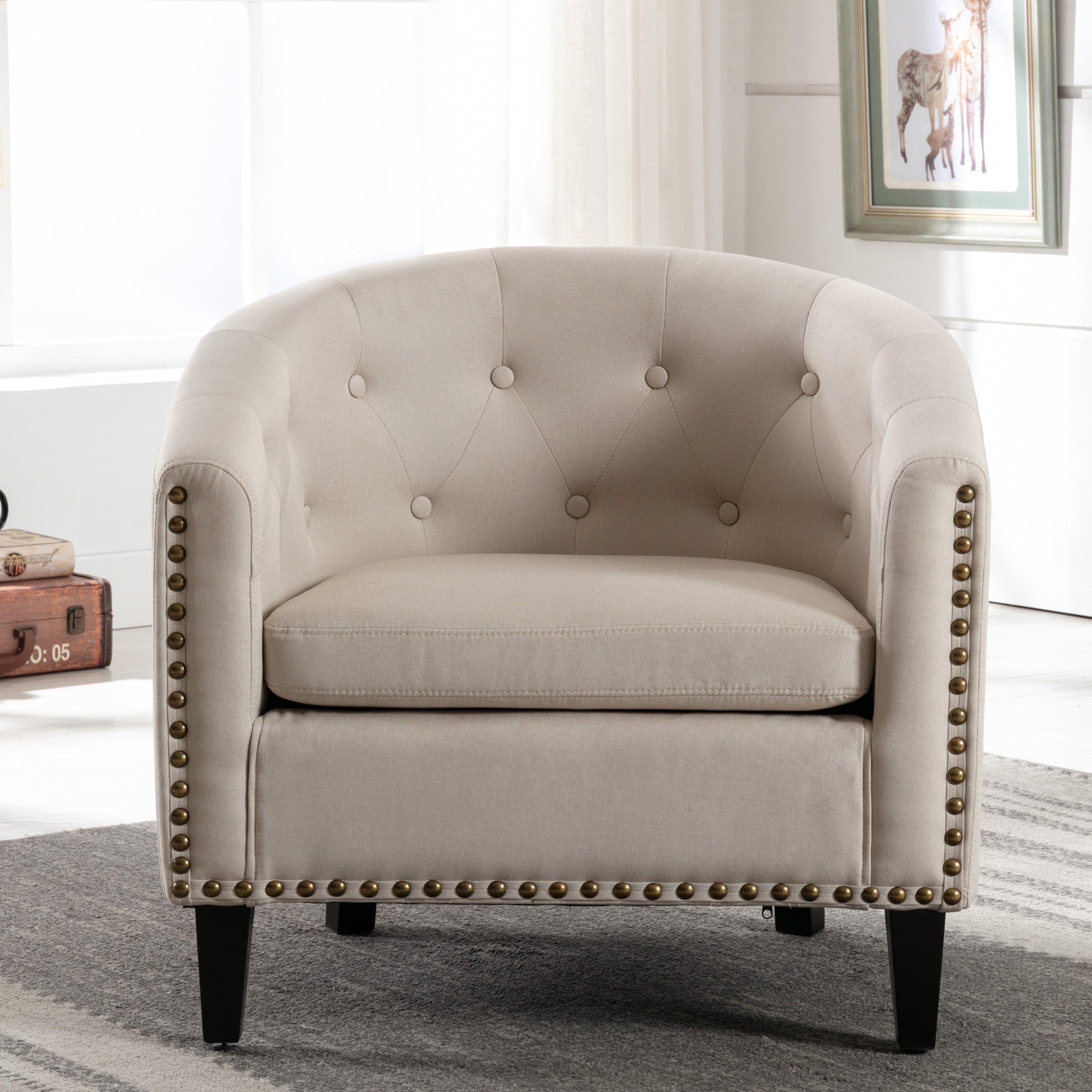 Tan linen Fabric Tufted Barrel Accent Chair with Nailhead Trim