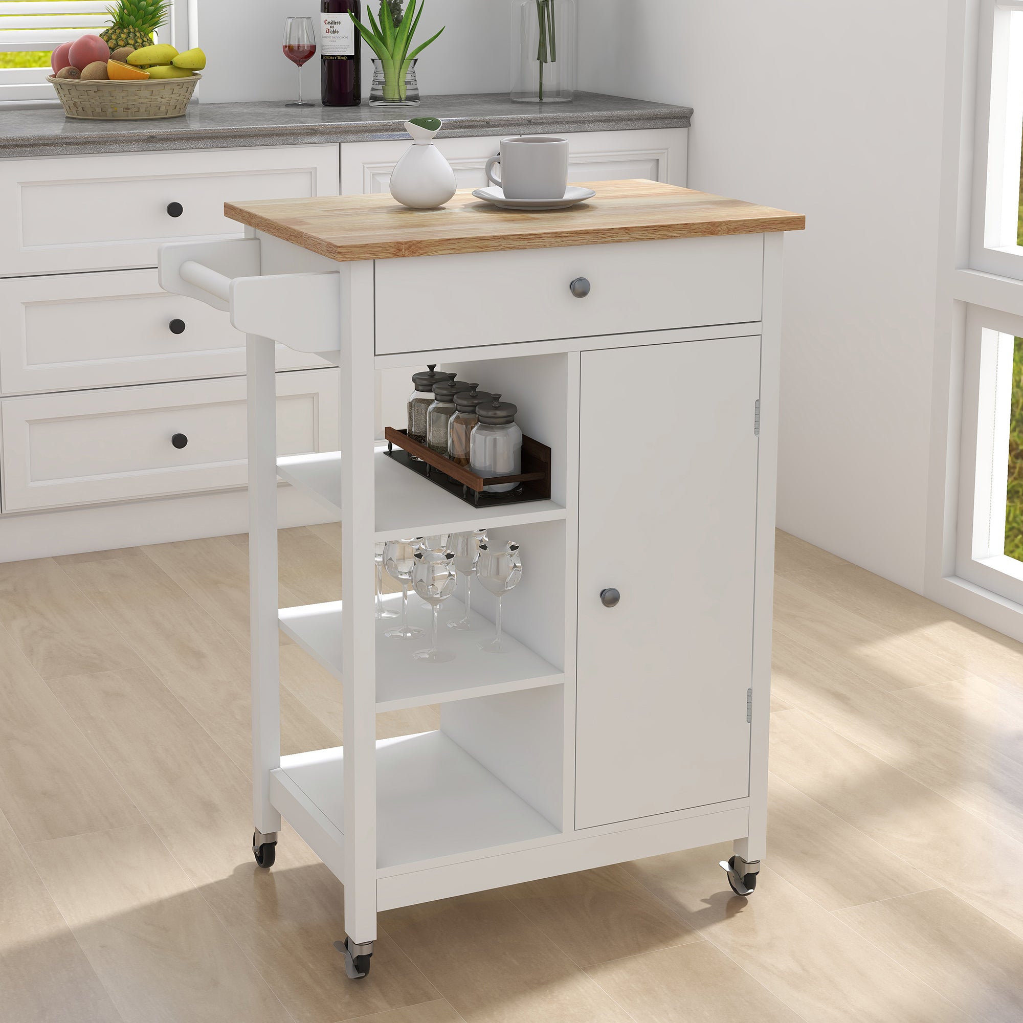 Small Space Kitchen Rolling Cart with Towel Rack and Solid Wood Top