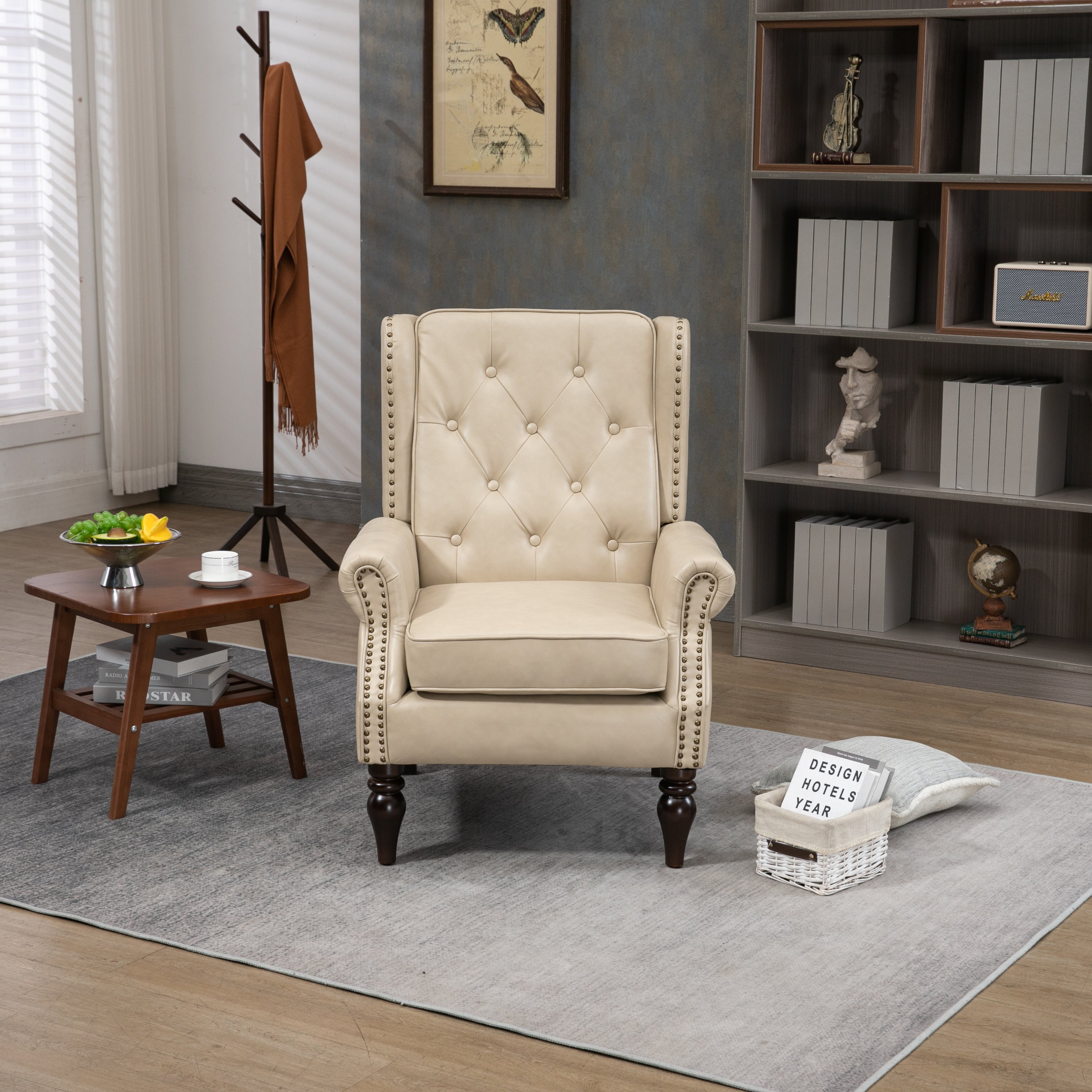 Wallace Beige Faux Leather Wing Accent Chair with Tufted Back and Nailhead