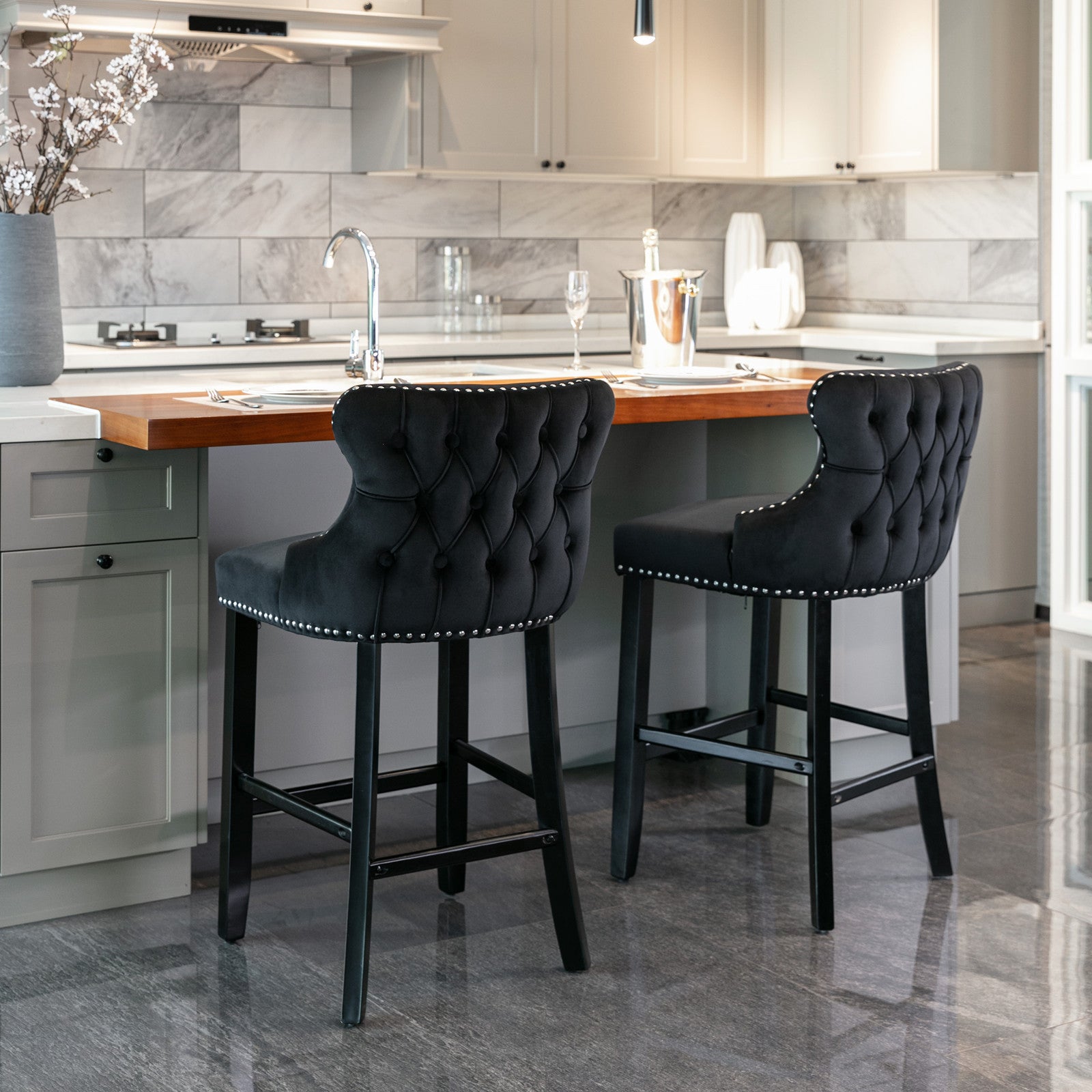 Set of 2 Black Velvet Counter Stools With Tufted Back and Nailhead Trim